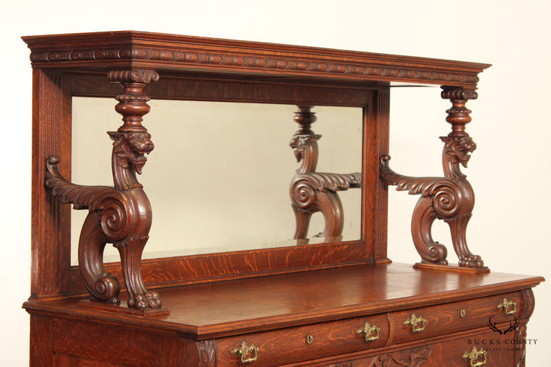 Renaissance Revival Antique Solid Oak Griffin Carved Mirrored Sideboard or Buffet