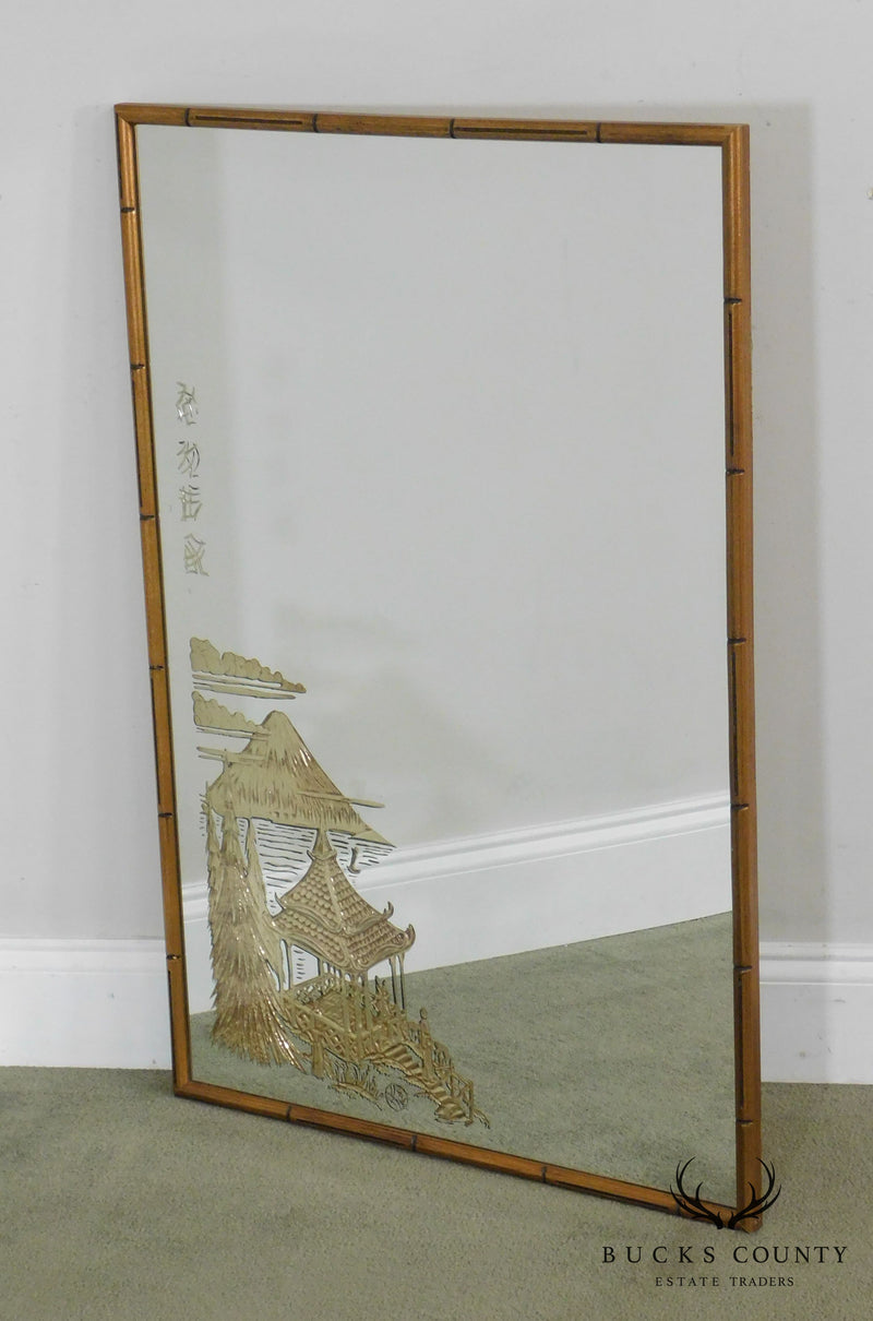 Asian Inspired Eglomise Faux Bamboo Frame Wall Mirror