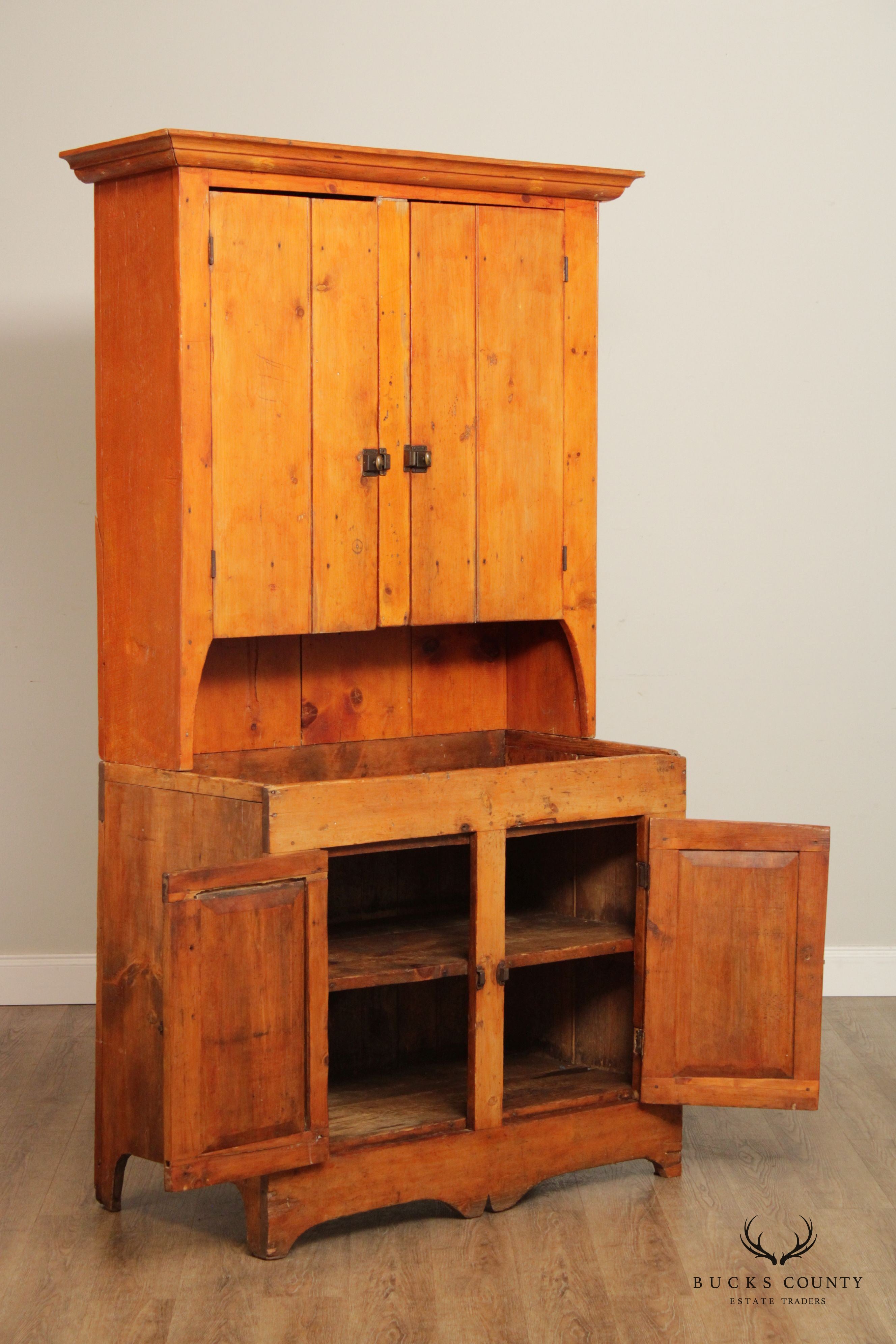 Antique Farmhouse Pine Dry Sink Hutch Cabinet