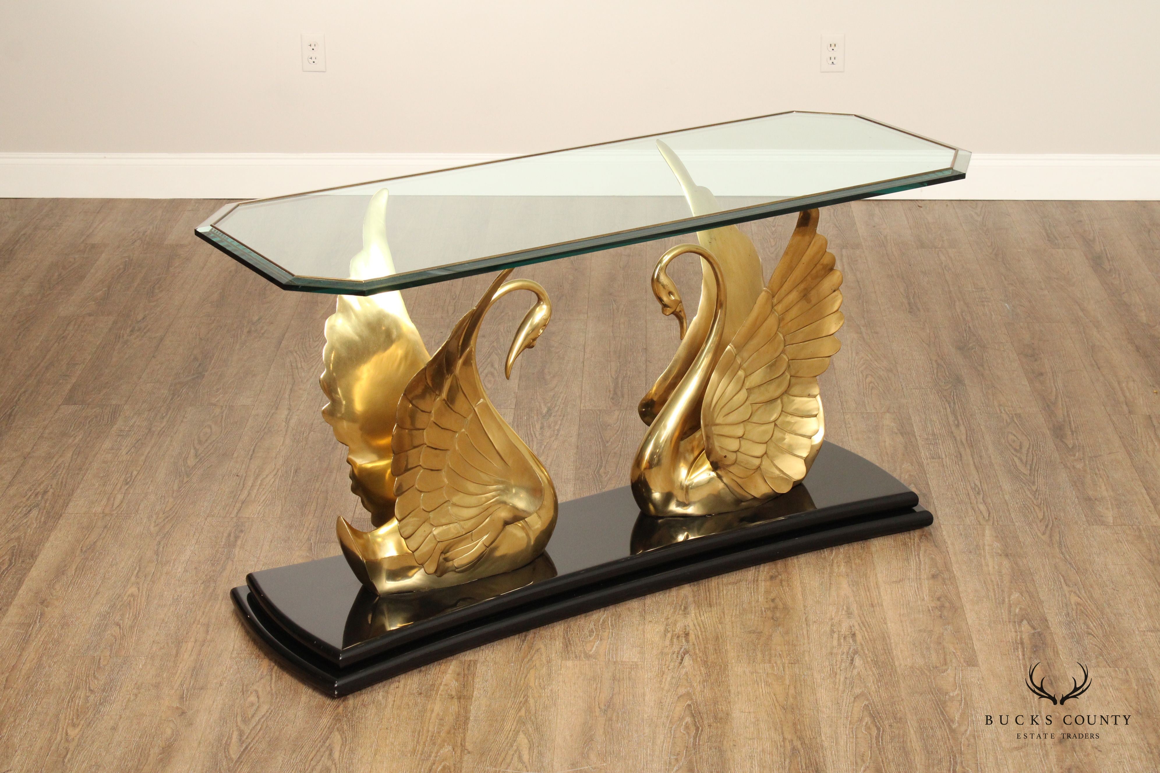 Quality Italian Brass Swan Glass Top Console Table