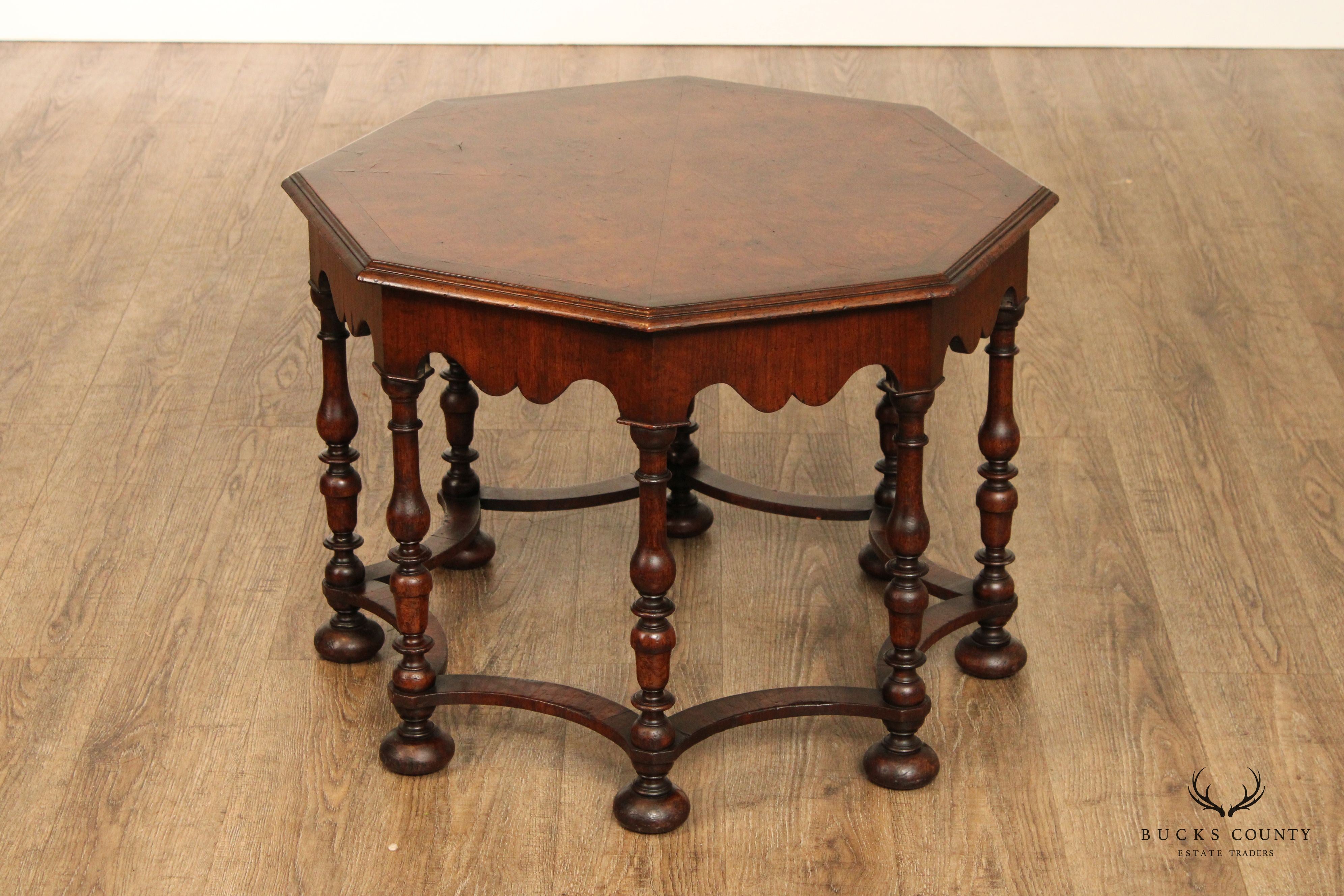 English William & Mary Style Carved Walnut Octagonal Coffee Table