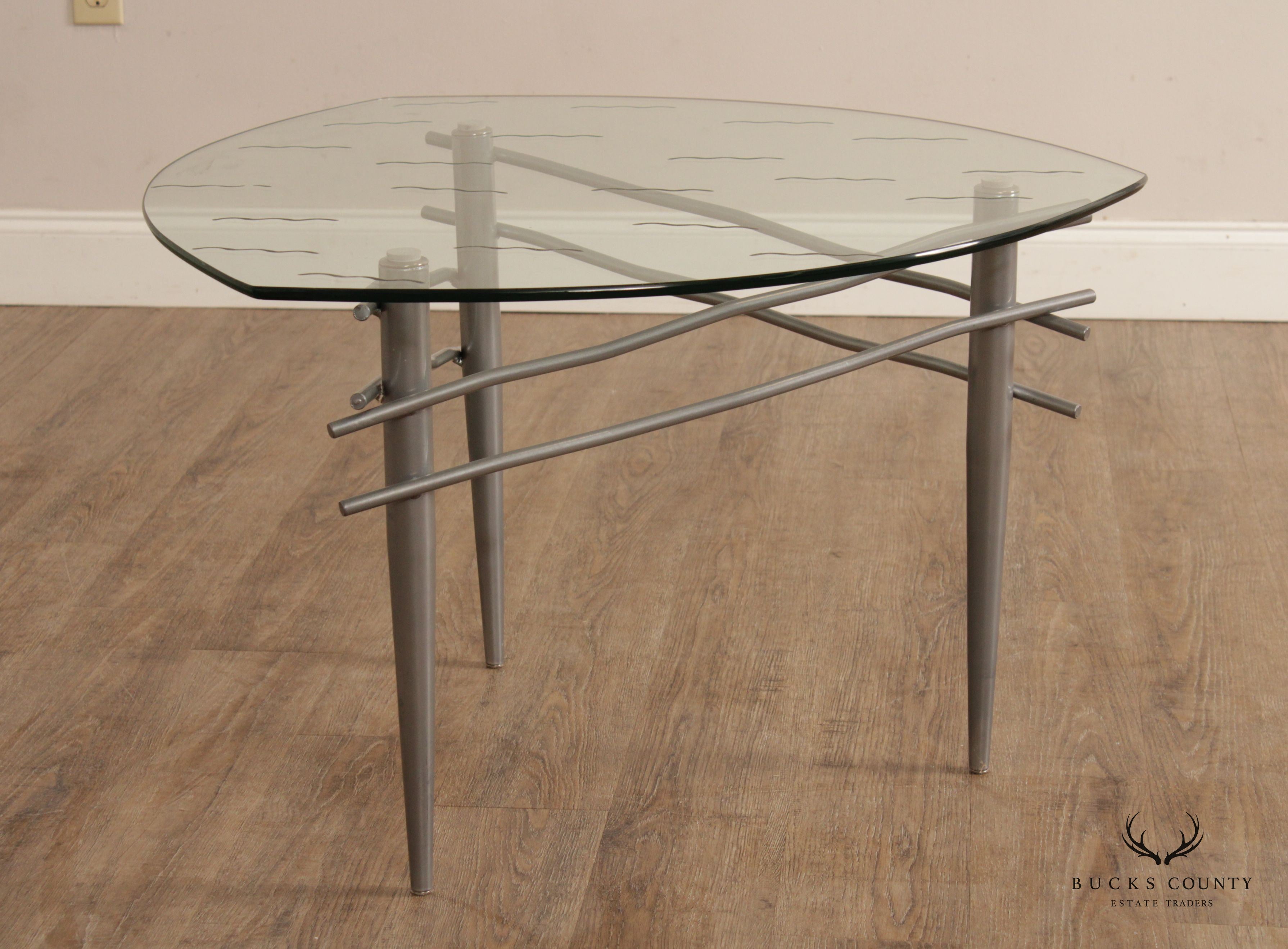 Modern Triangular Glass Top Brushed Steel Table