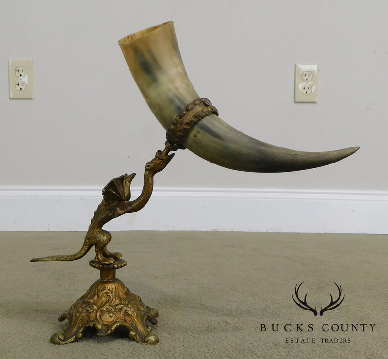 Antique Bronze Dragon Sculpture with Horn Vases
