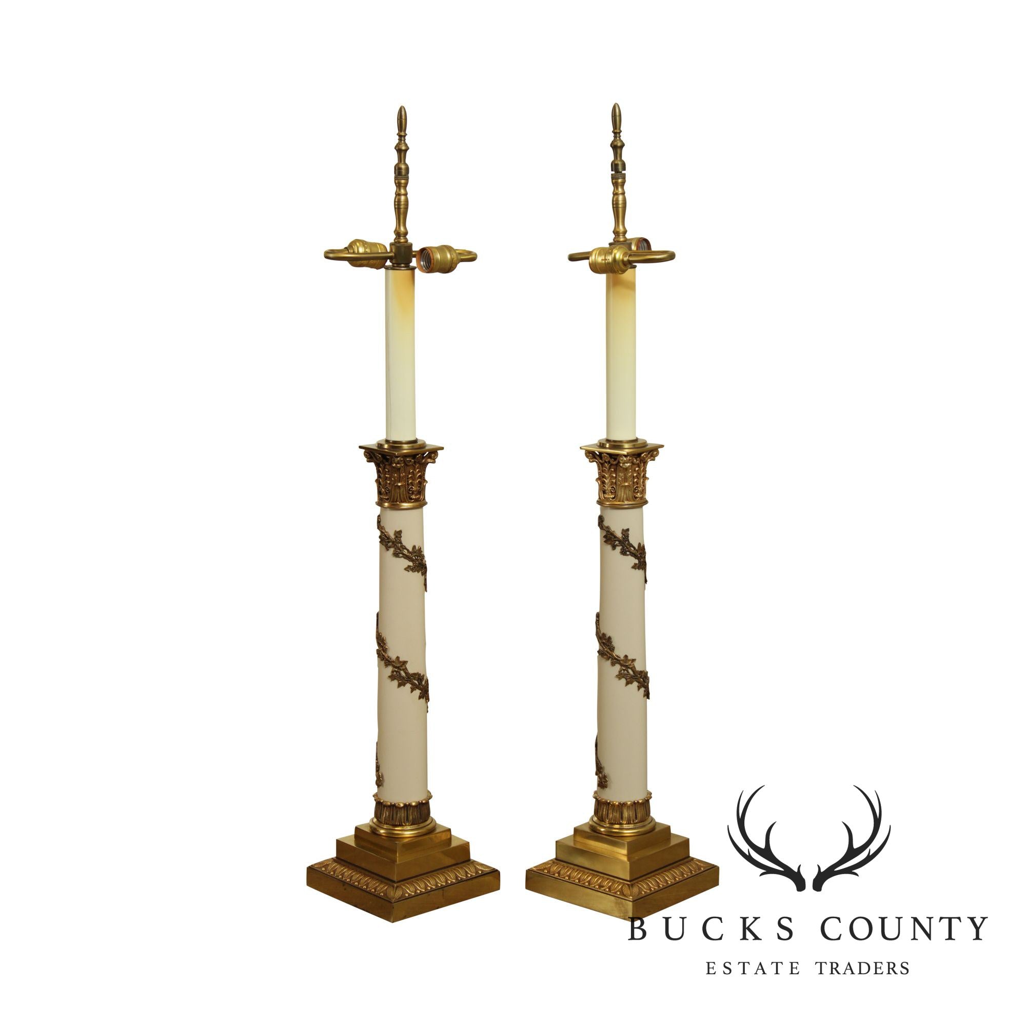 Stiffel Neo-Classical Style Pair Ivory Lacquered And Brass Column Table Lamps