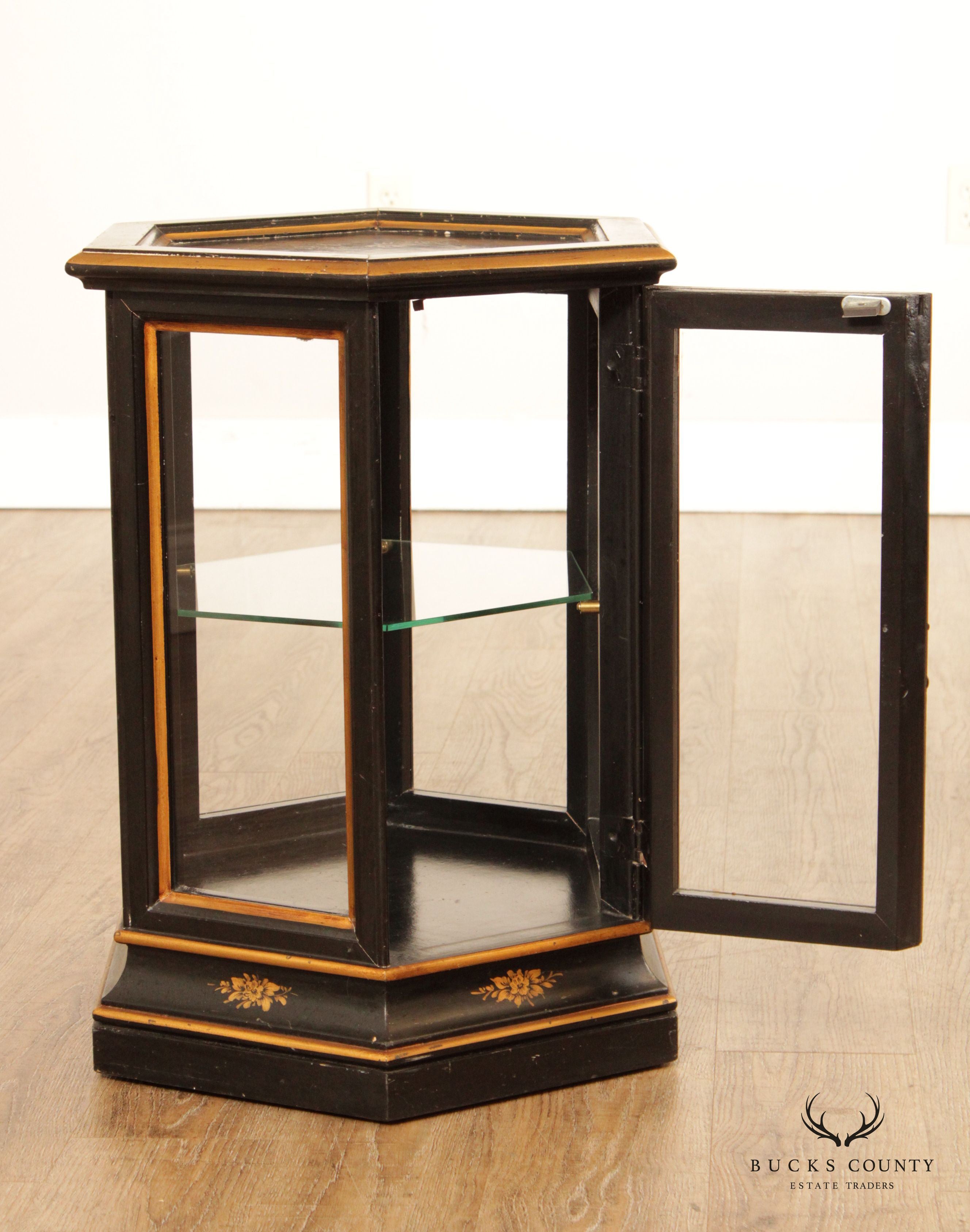 Chinoiserie Decorated Black and Gold Vitrine Side Table