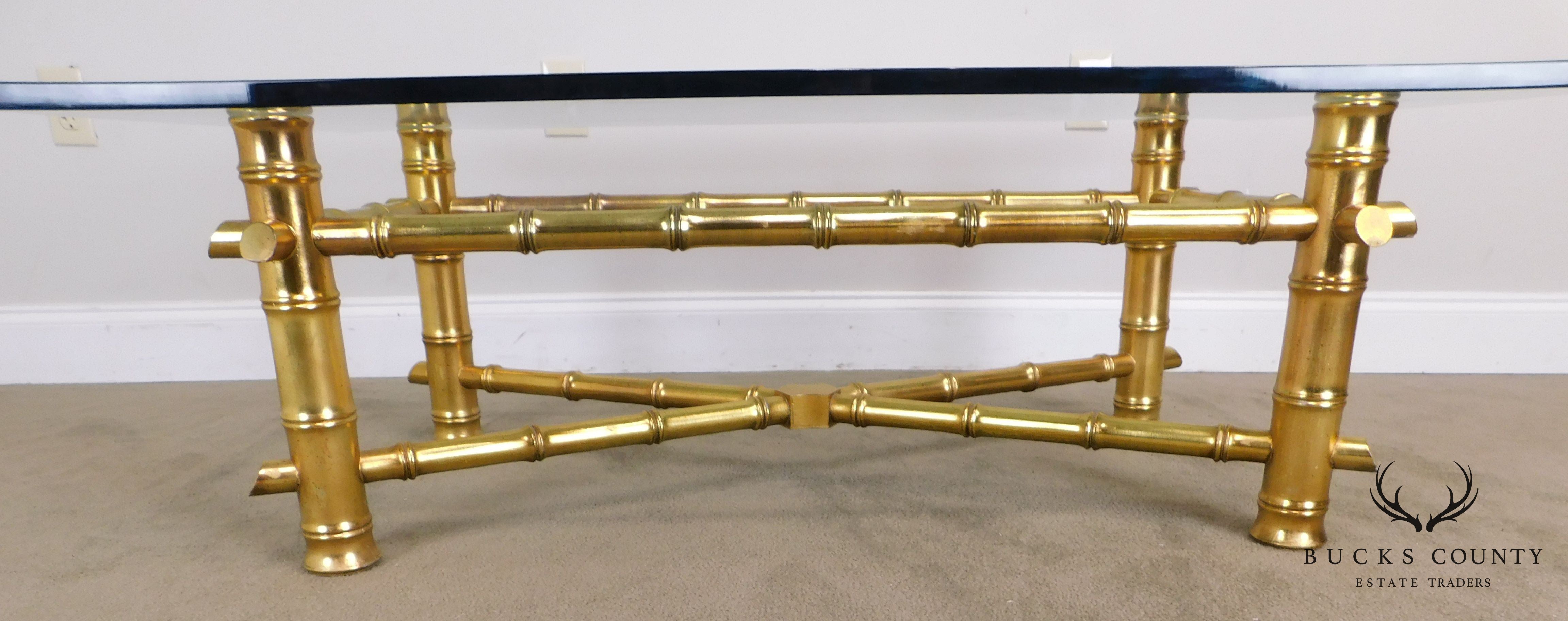 Hollywood Regency Faux Bamboo Gold Gilt Wood Glass Top Coffee Table