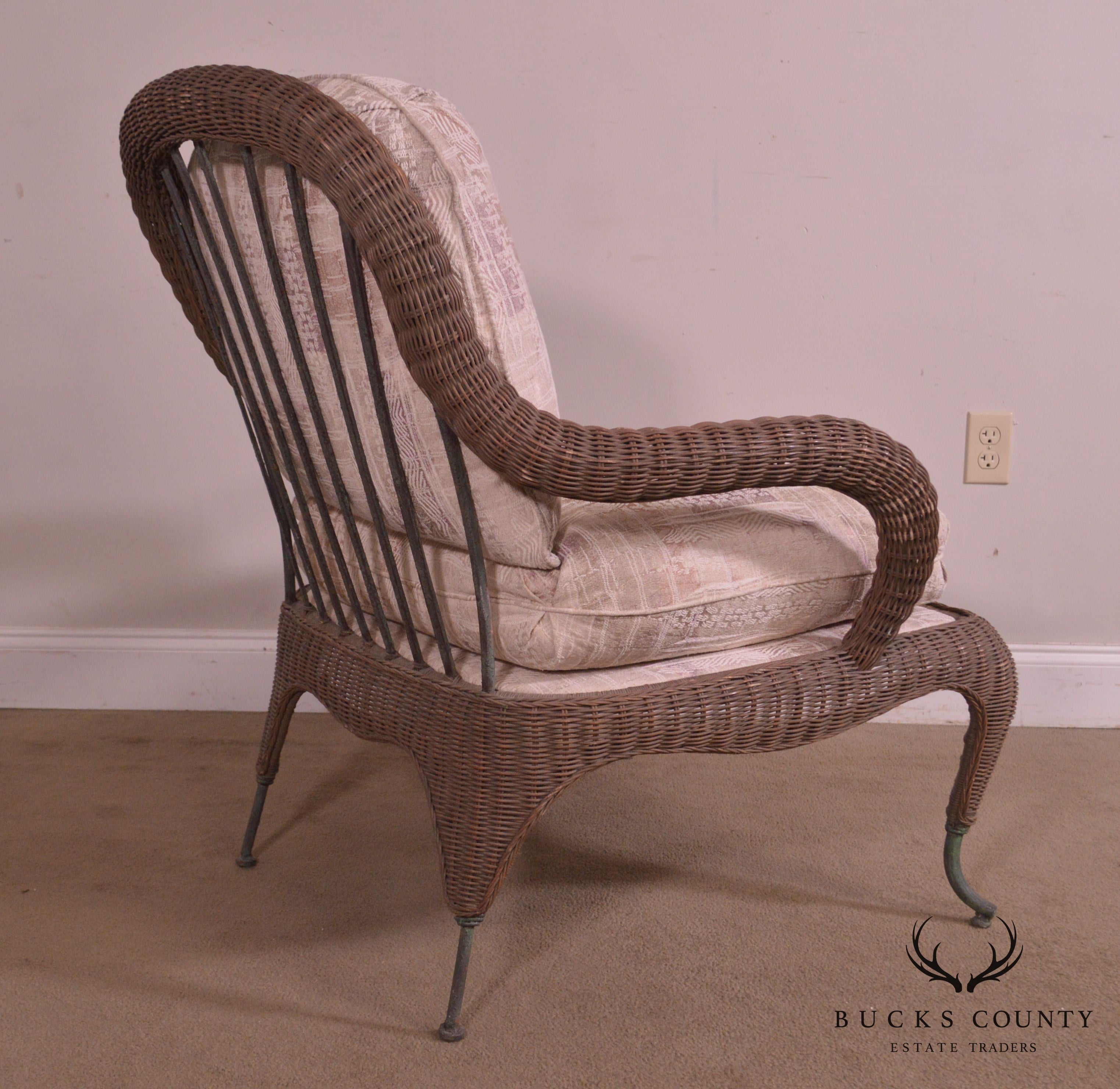 Century Hand Crafted Wicker Victorian Style Wrought Iron Lounge Chair