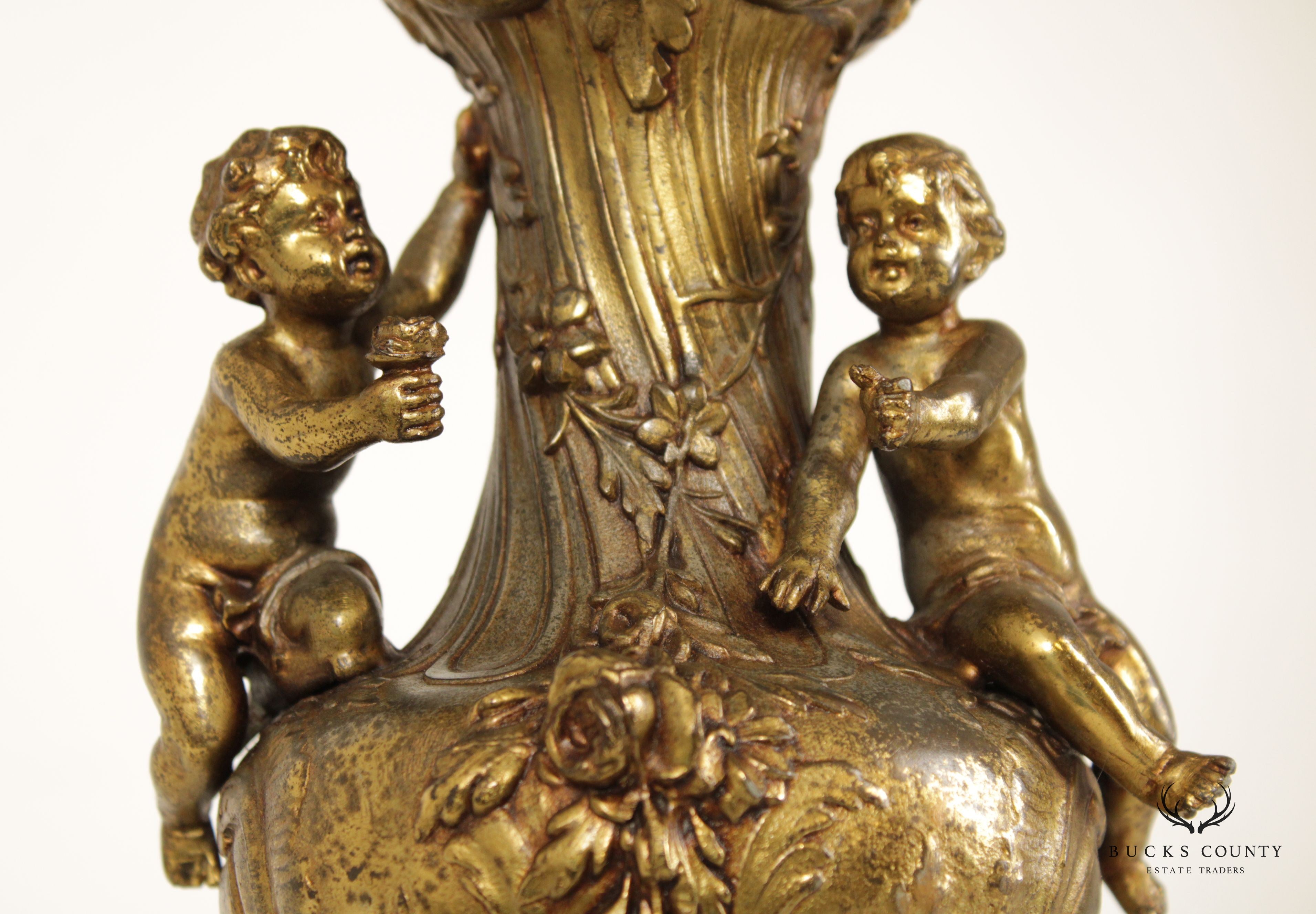 French Rococo Style Gilt Putti Table Lamp with Silk Shade