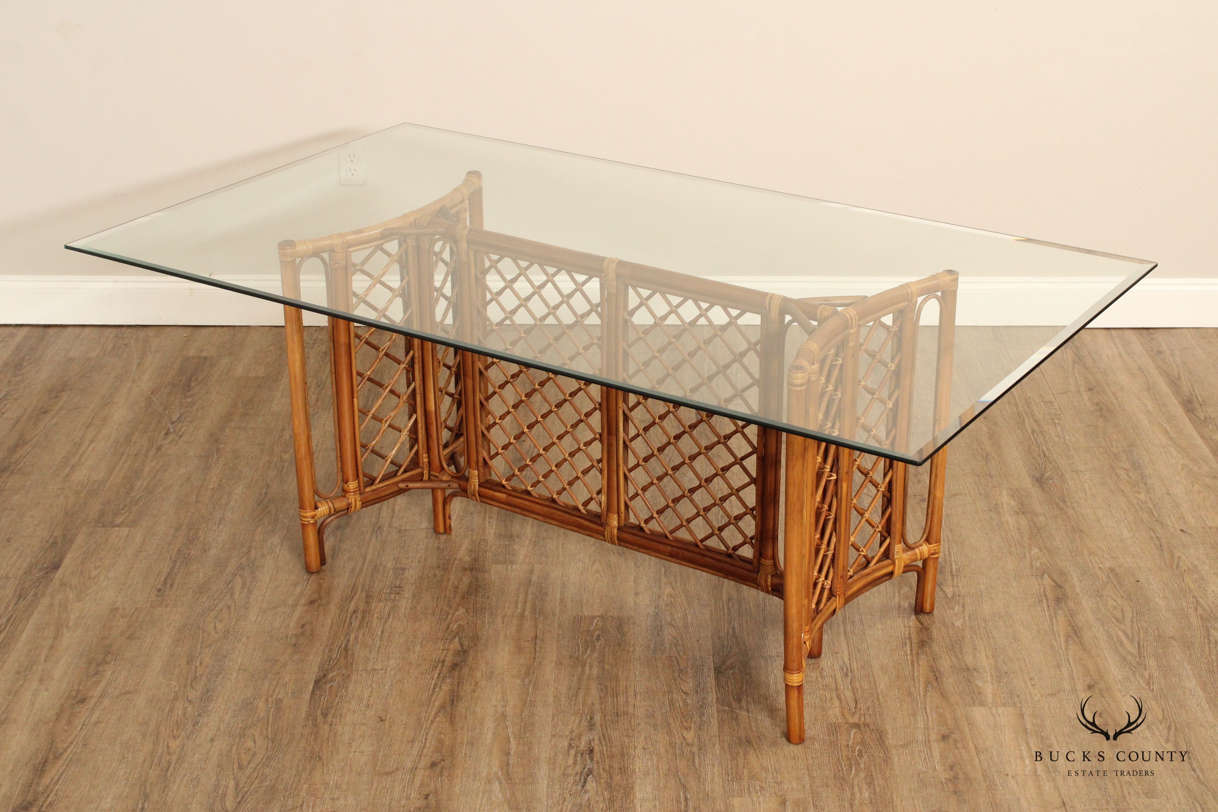 Hollywood Regency Glass Top Bamboo Rattan Dining Table