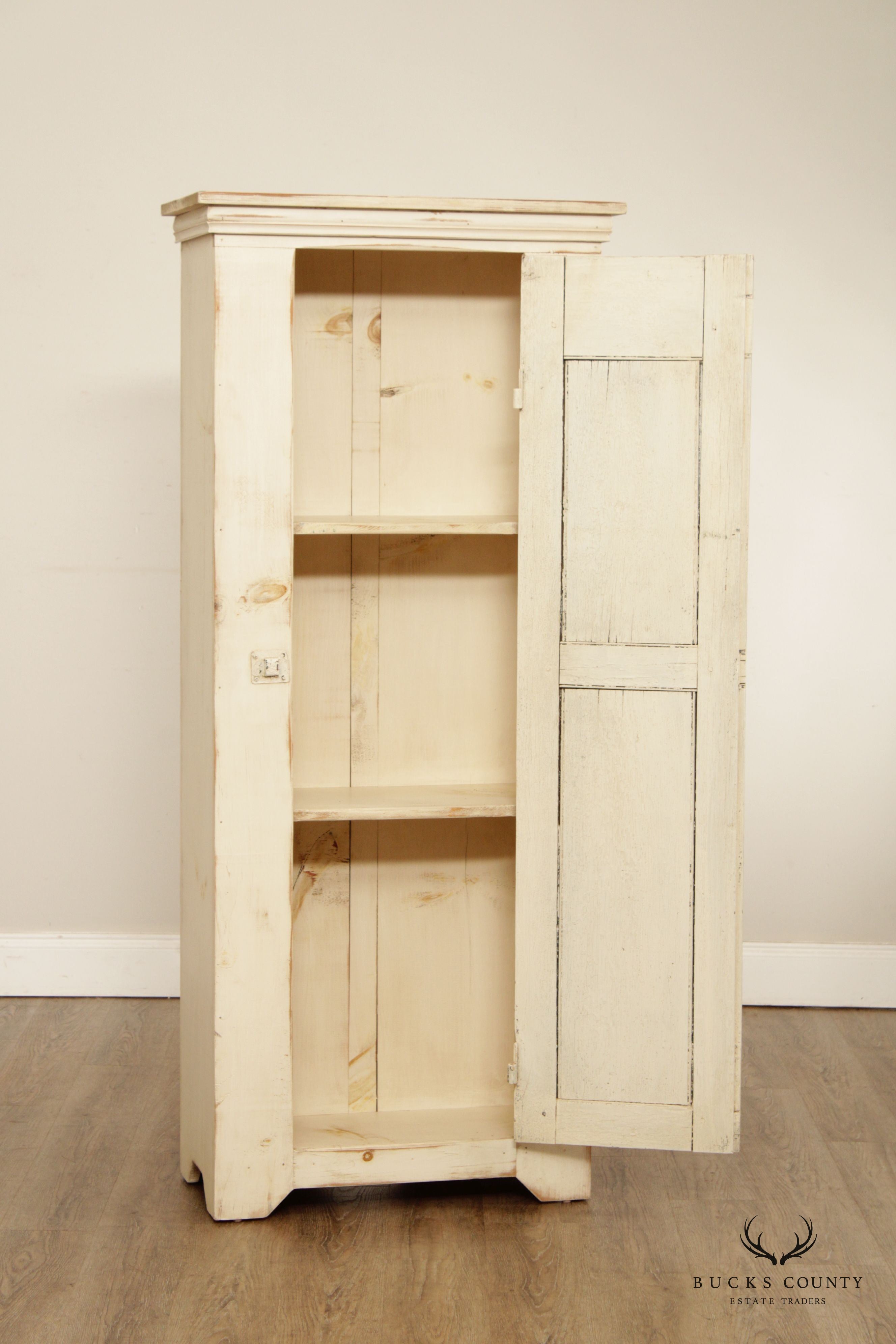 Farmhouse Style White Painted Pine Pantry Cabinet