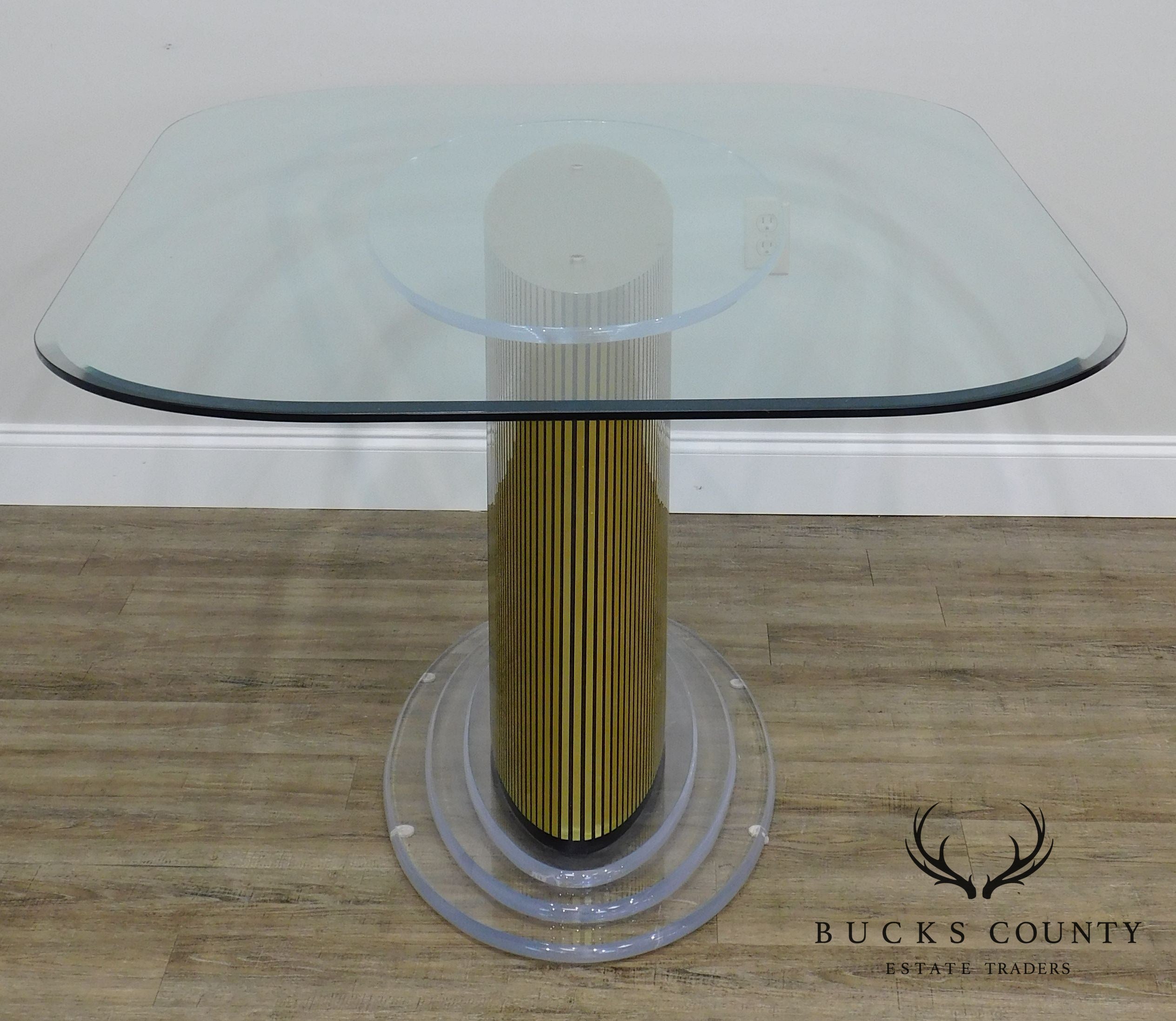 Mid Century Modern Lucite and Gold pedestal Base Glass Top Dining Table