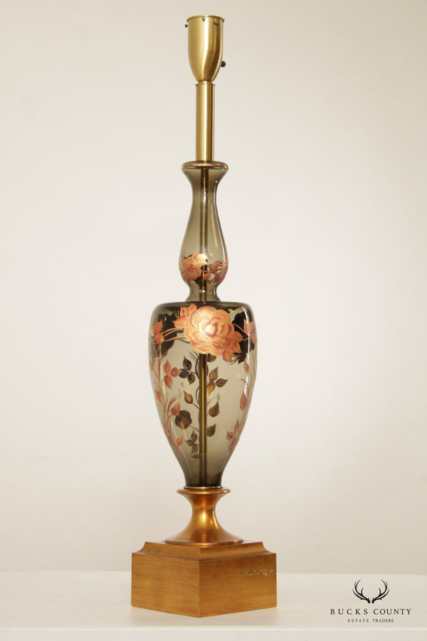 Murano Hollywood Regency Floral Hand-Painted Glass Tall Table Lamp