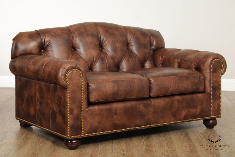 McKinley English Traditional Style Tufted Leather Loveseat Settee