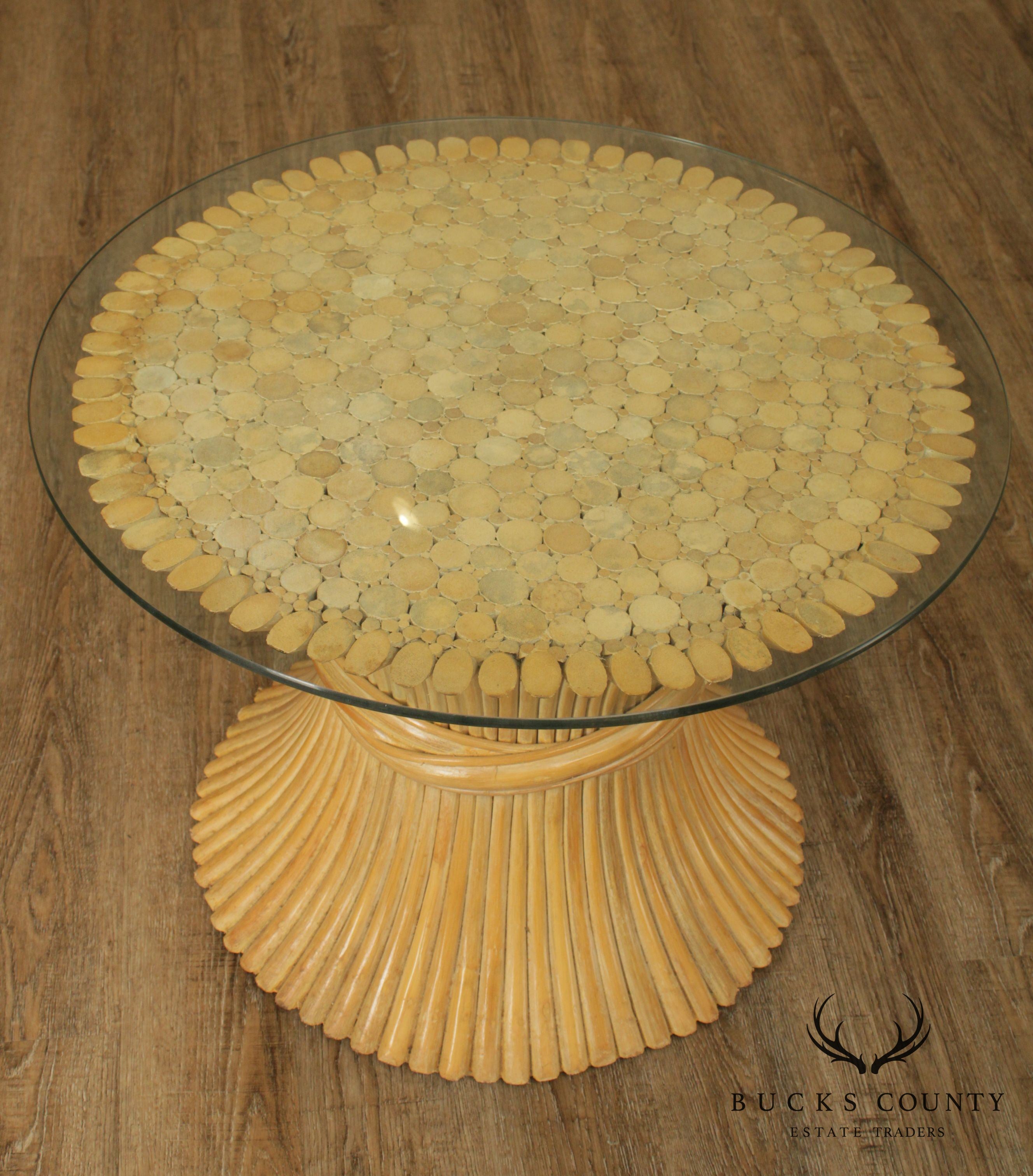 Sheaf of Wheat Vintage Bamboo, Rattan Round Glass Top Side Table