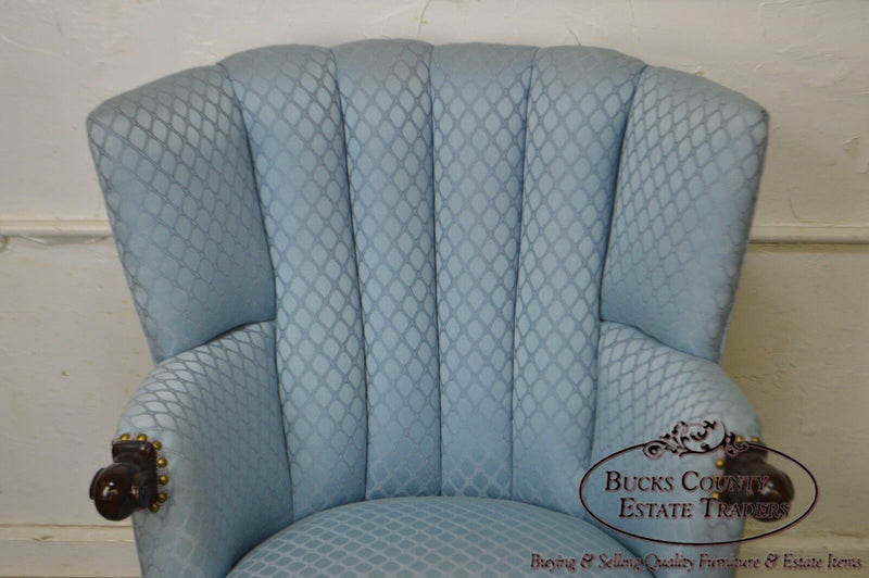 Custom Solid Mahogany Frame Blue Fan Back Wing Chair
