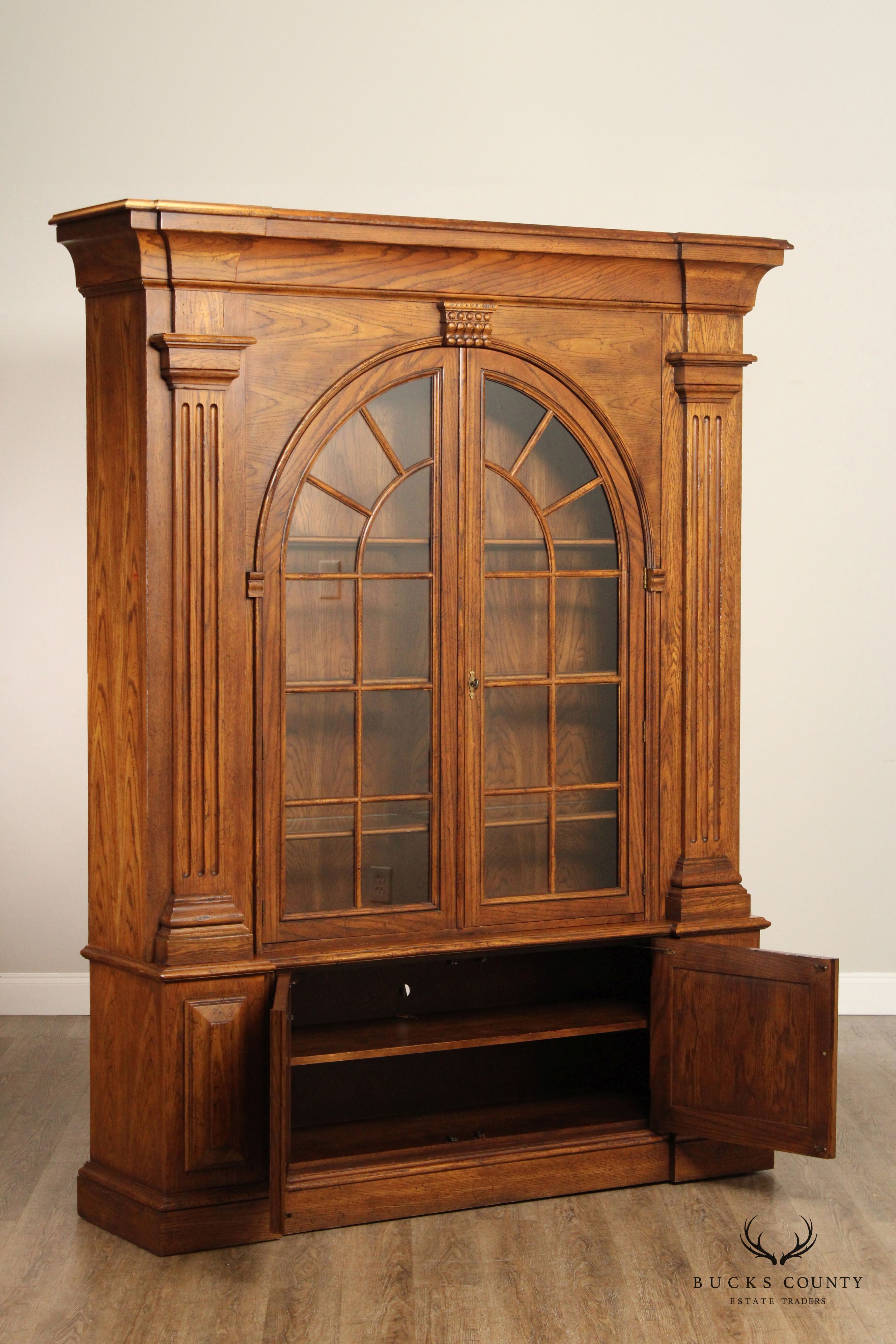 Baker Furniture Georgian Style Large Architectural Oak Bookcase Display Cabinet