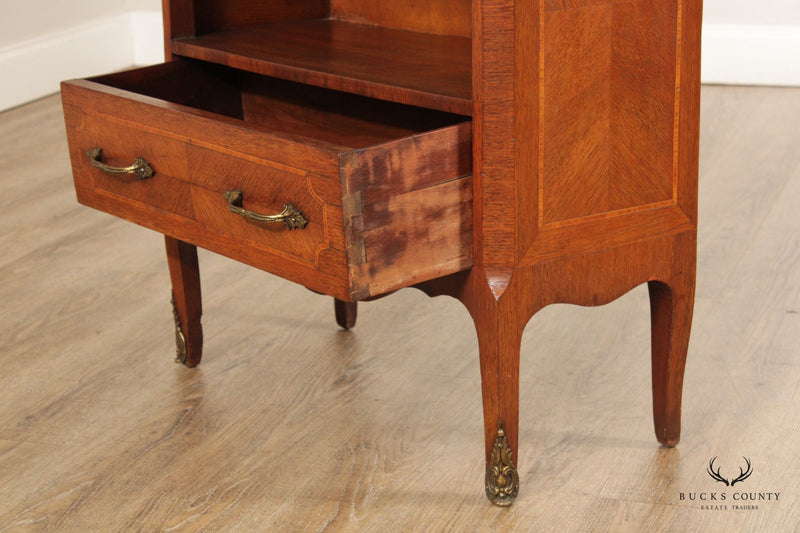French Louis XV Style Fruitwood Inlaid Marble Top Nightstand