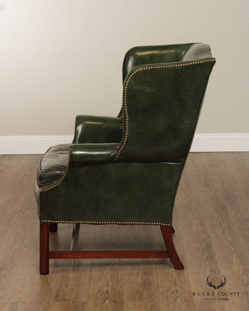 Heritage Chippendale Style Vintage Green Leather Wing Back Chair