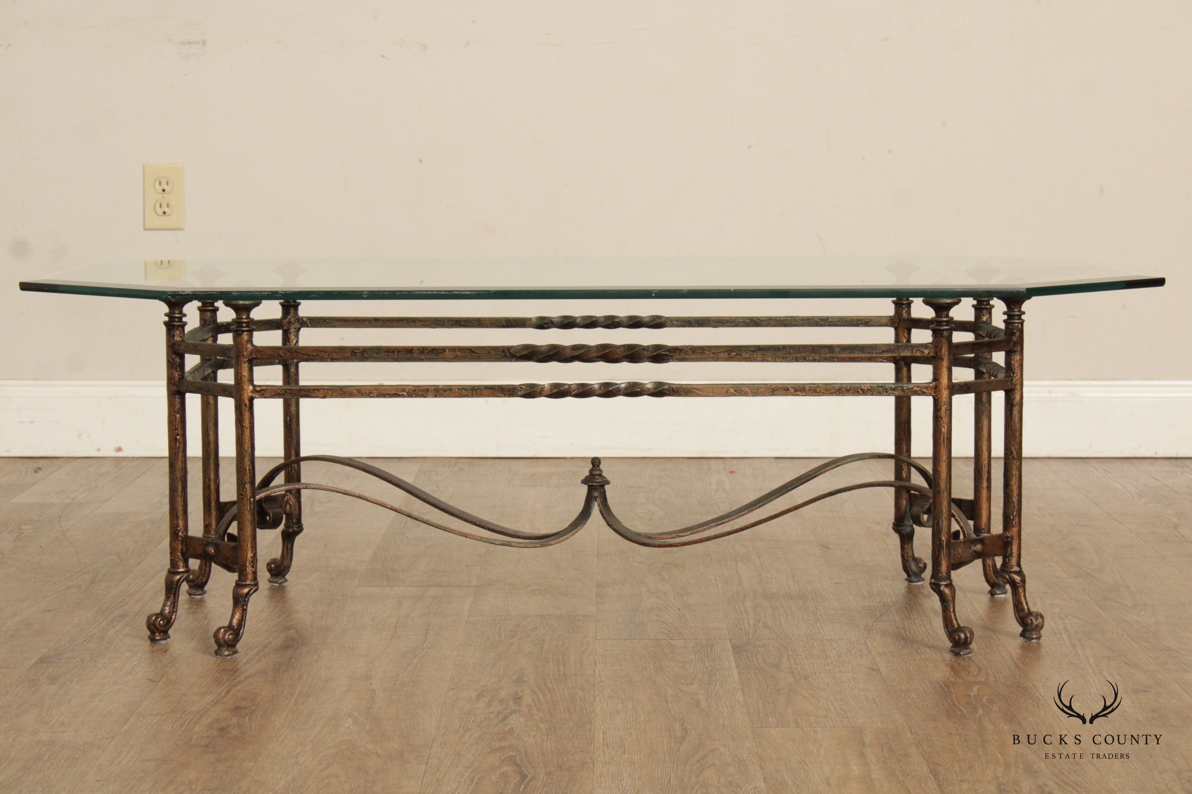 Regency Style Wrought Iron Glass Top Coffee Table