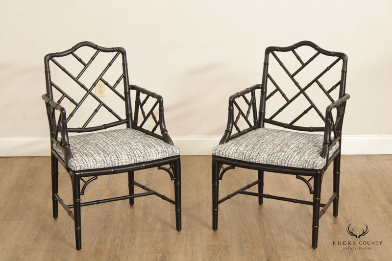 Chinese Chippendale Style Pair Faux Bamboo Carved Armchairs