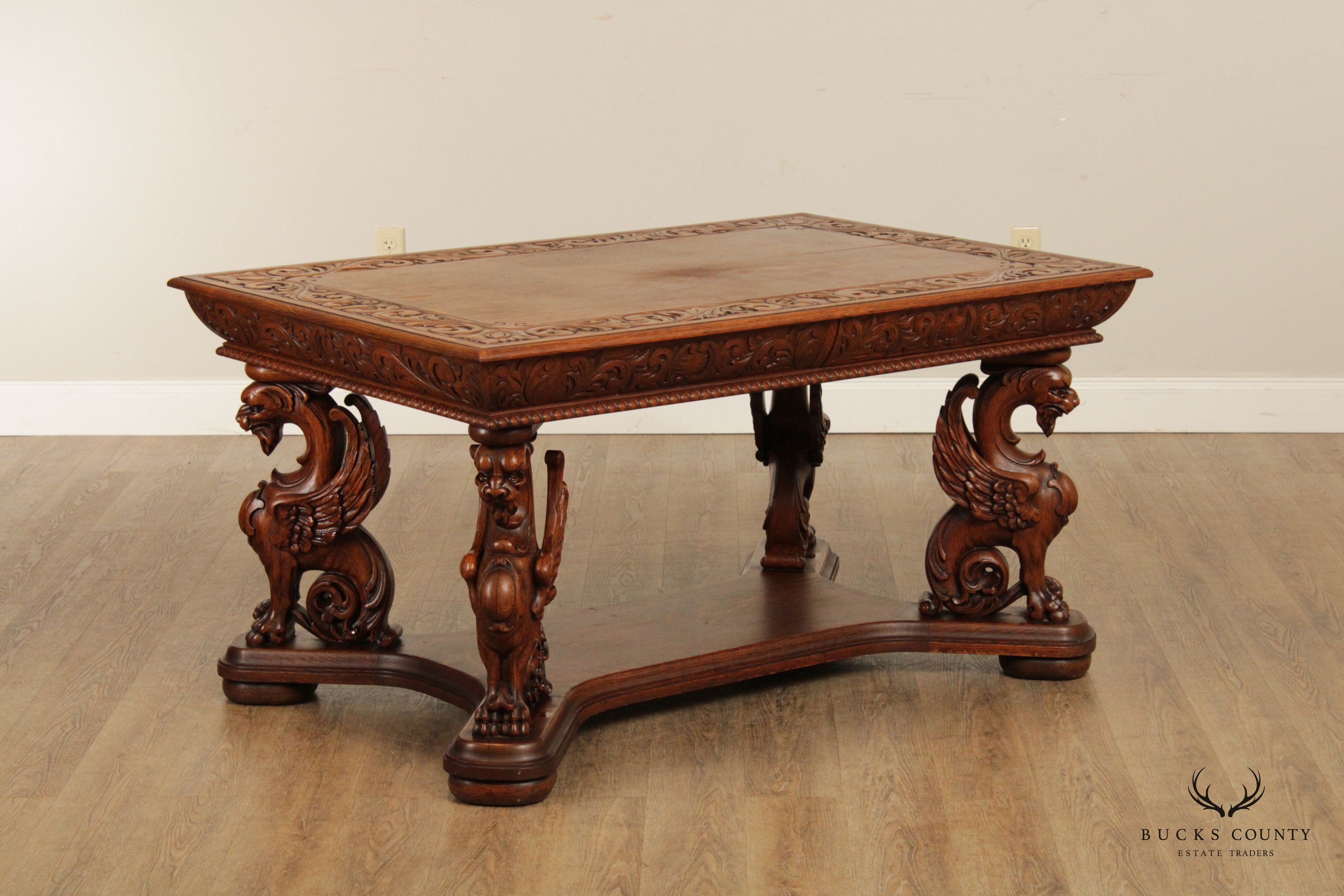 RJ Horner Antique Renaissance Revival Griffin Carved Oak Writing Desk or Library Table