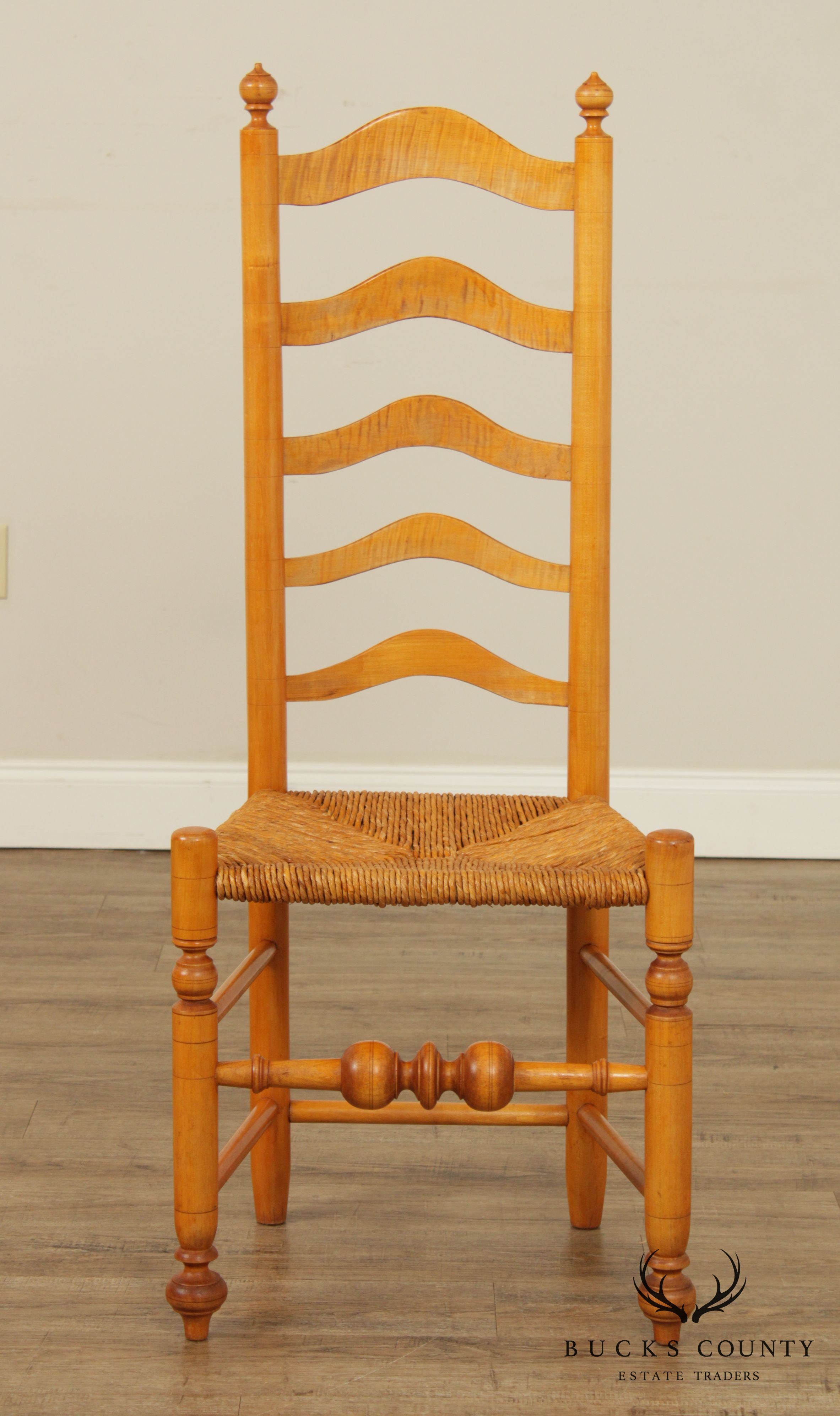 Robert Johnson Tiger Maple Set 6 Hand Crafted Delaware Valley Ladder Back Dining Chairs