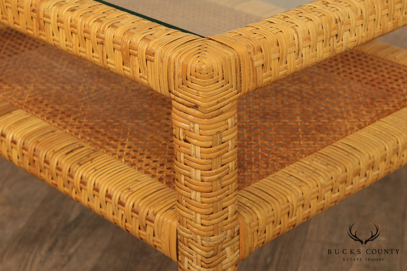 Vintage Rattan Wicker End Table with Glass Top