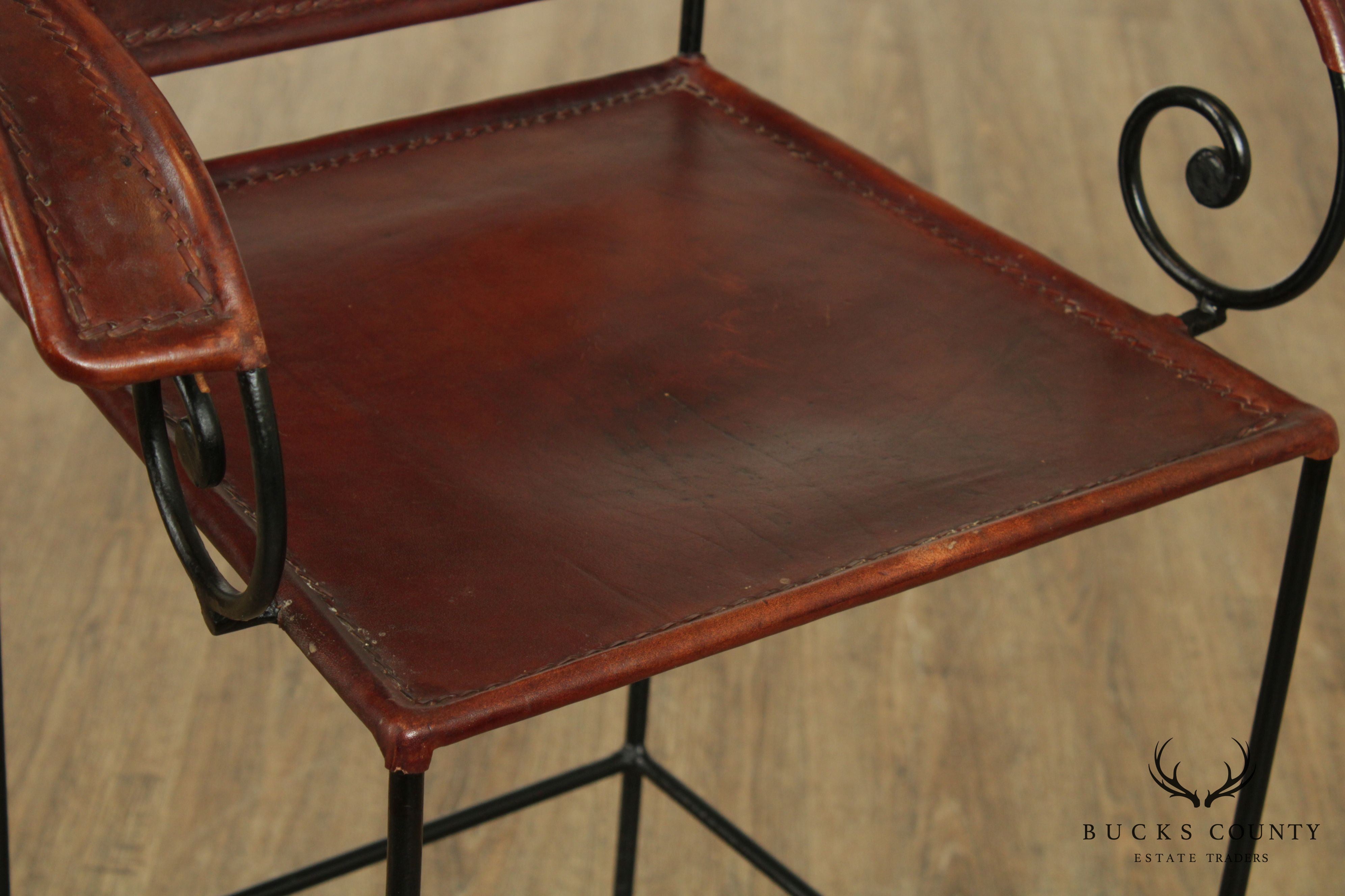 William Sheppee Scollwork Iron and Leather Barstool