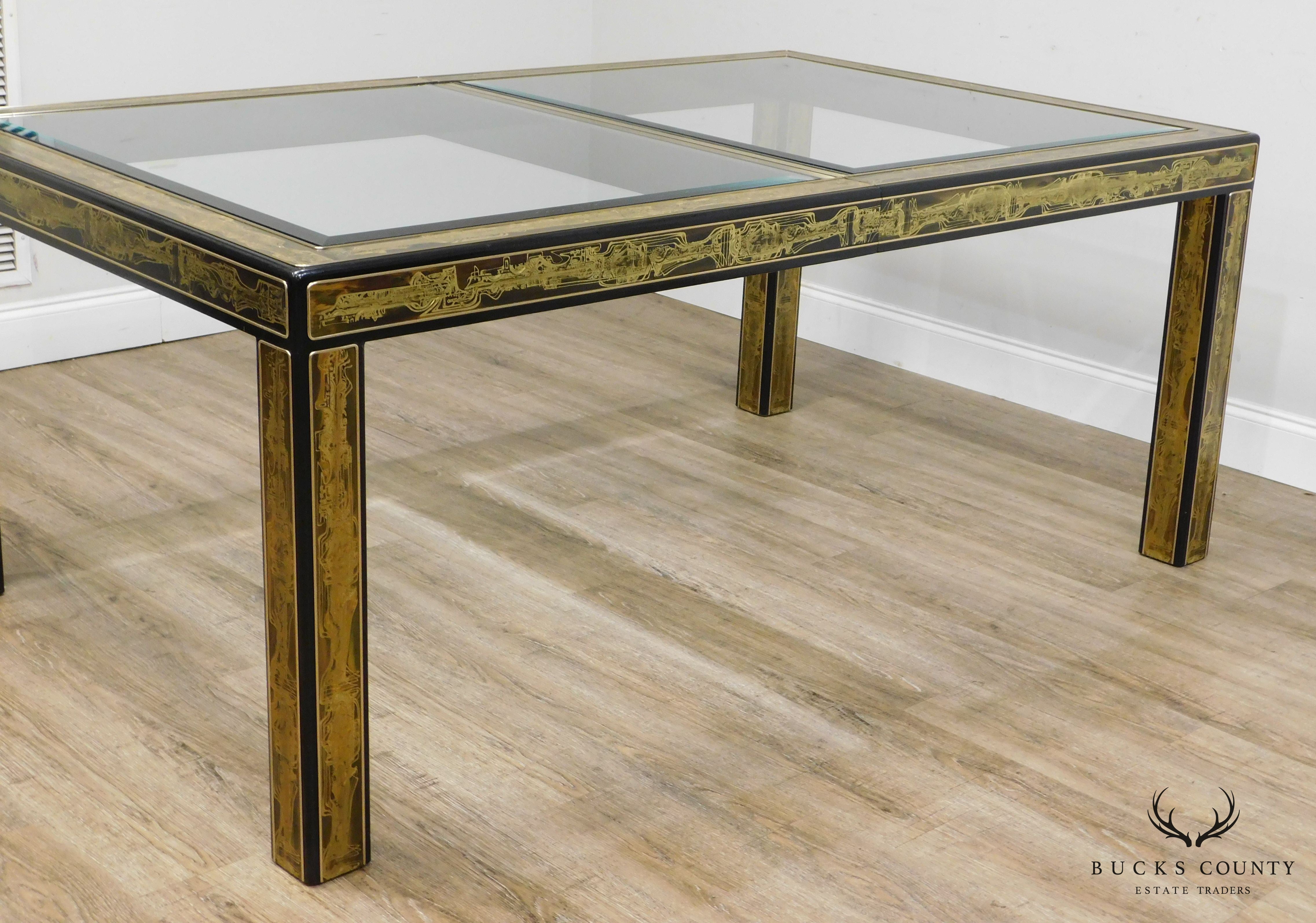 Bernard Rohne Mastercraft Acid Etched Brass, Glass Top Expandable Dining Table