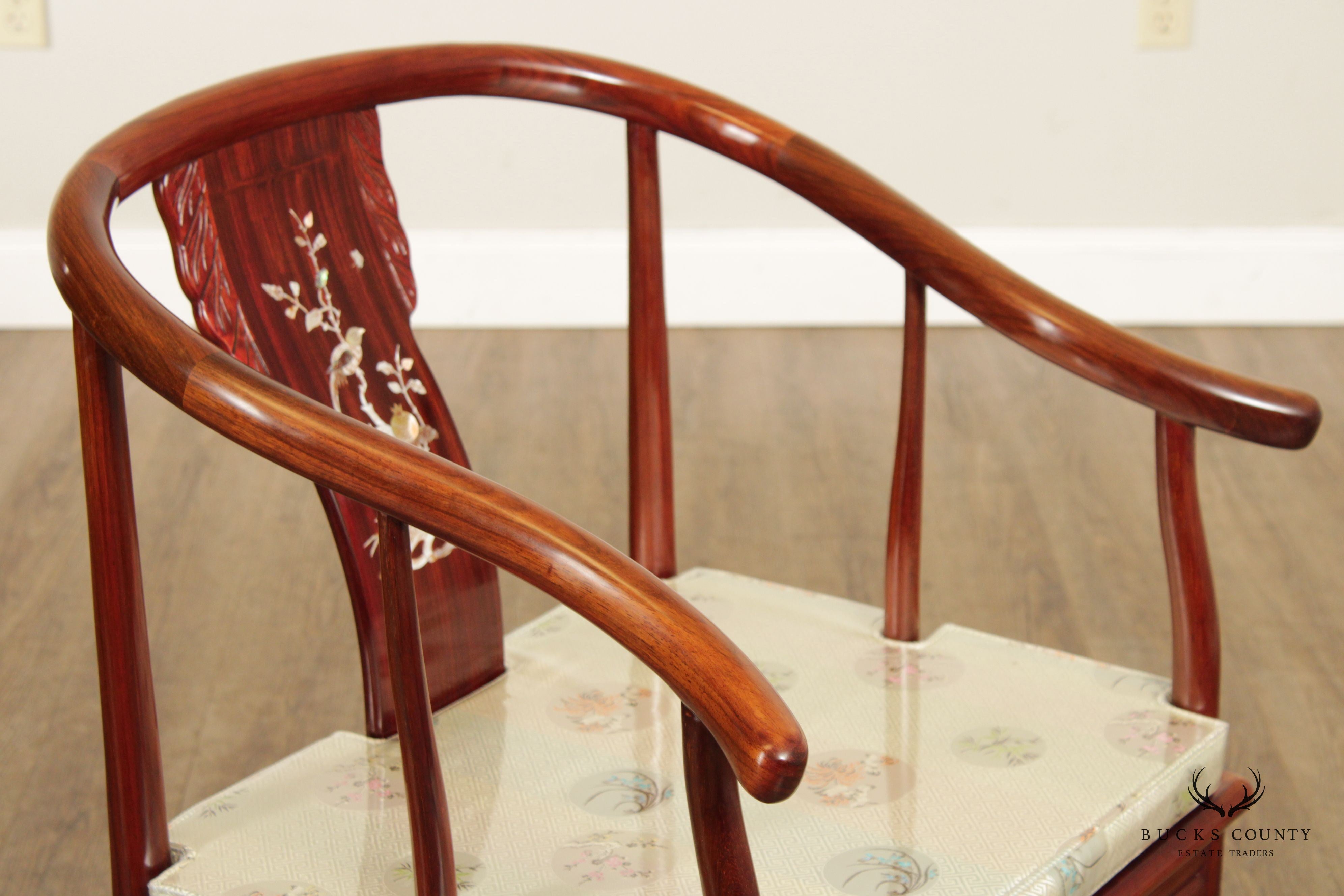 Chinese Pair Rosewood and Mother of Pearl Inlaid Horseshoe Armchairs