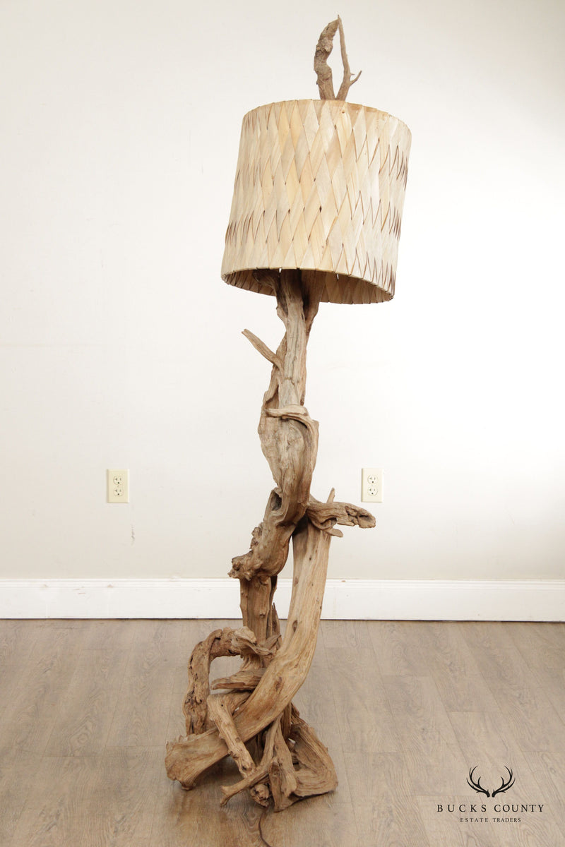Mid Century Modern Driftwood Floor Lamp with Woven Shade