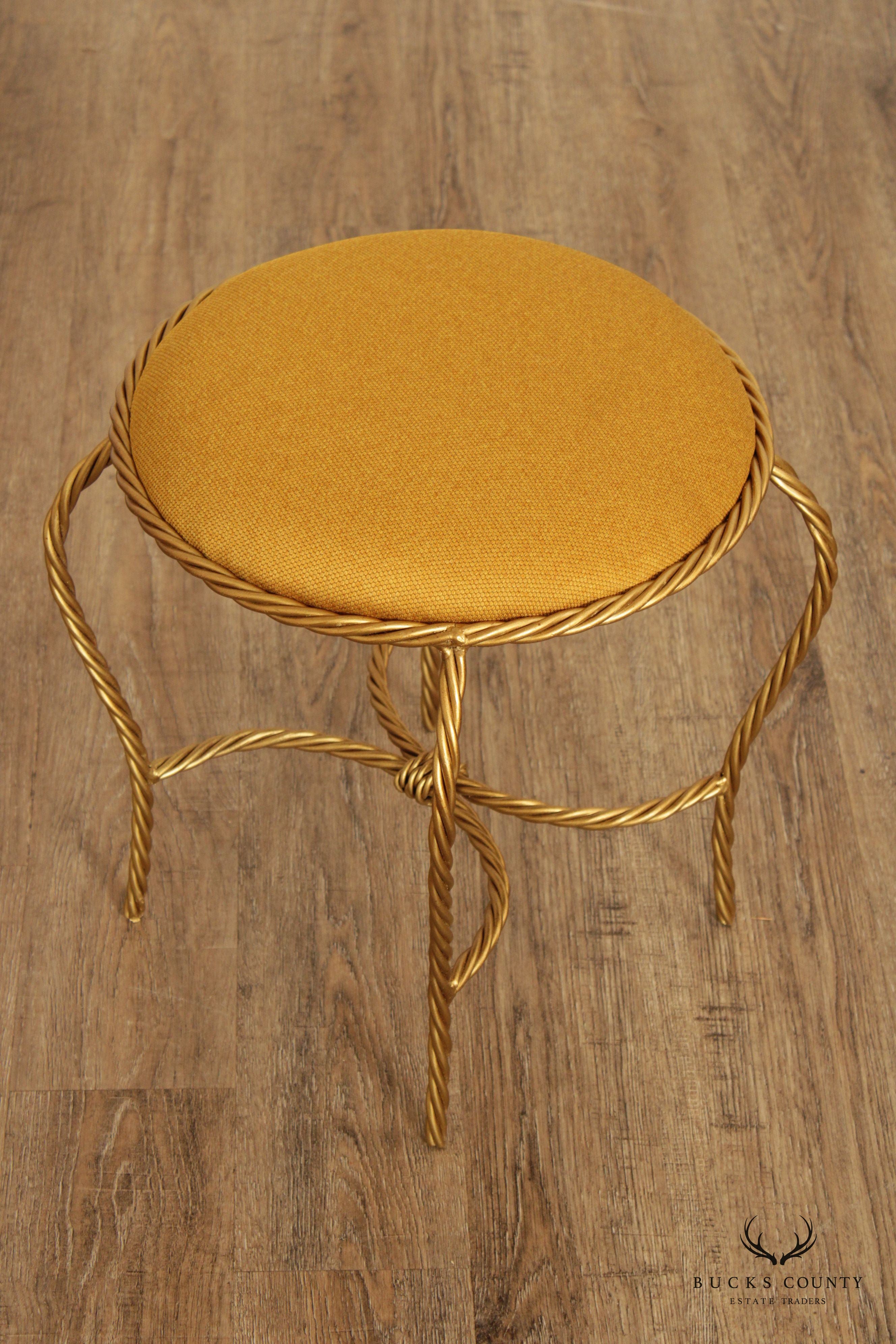 Hollywood Regency Pair of Gilt Metal Rope Twist Stools