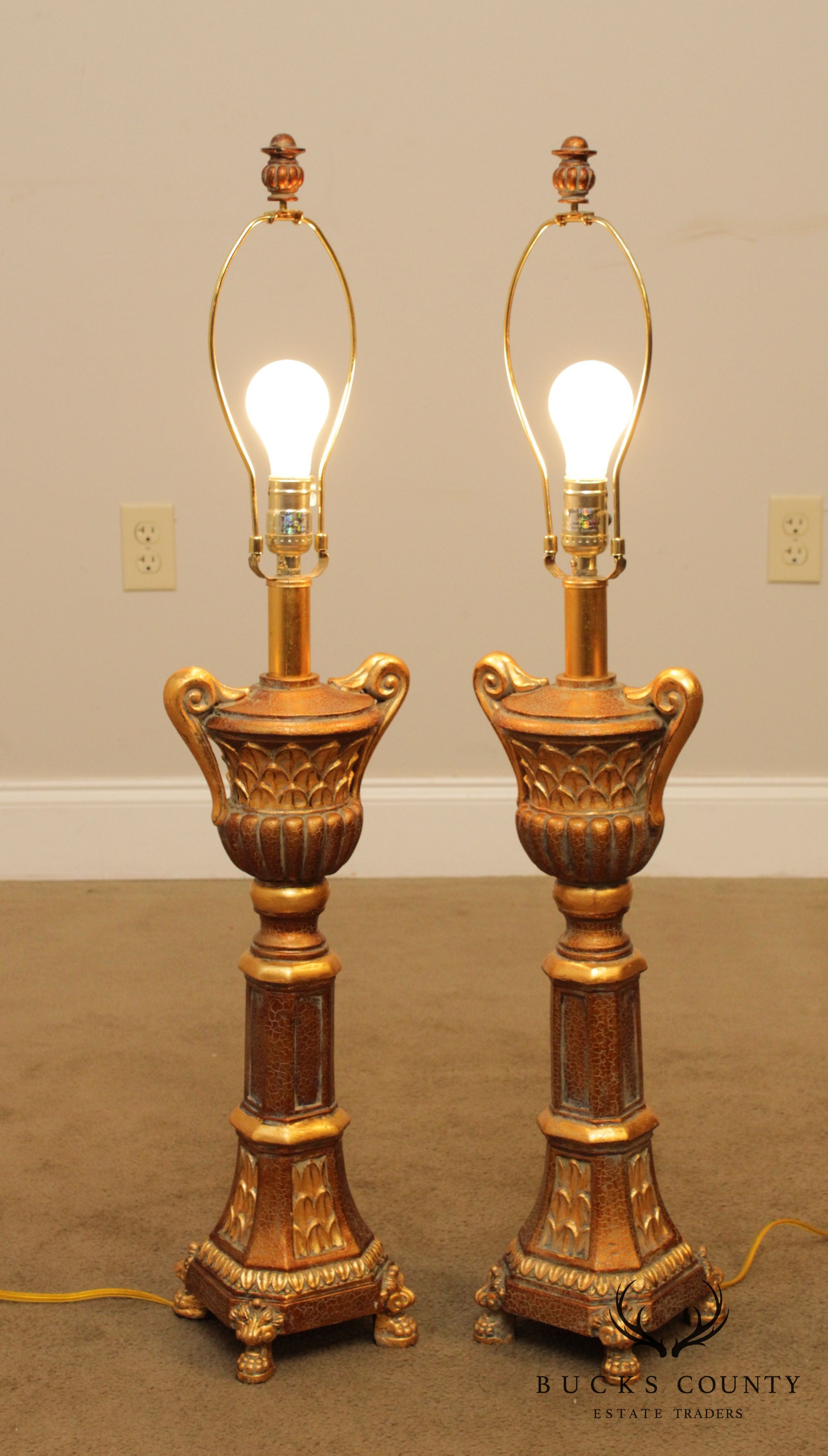 Gold Pair Urn Form Table Lamps with Shades