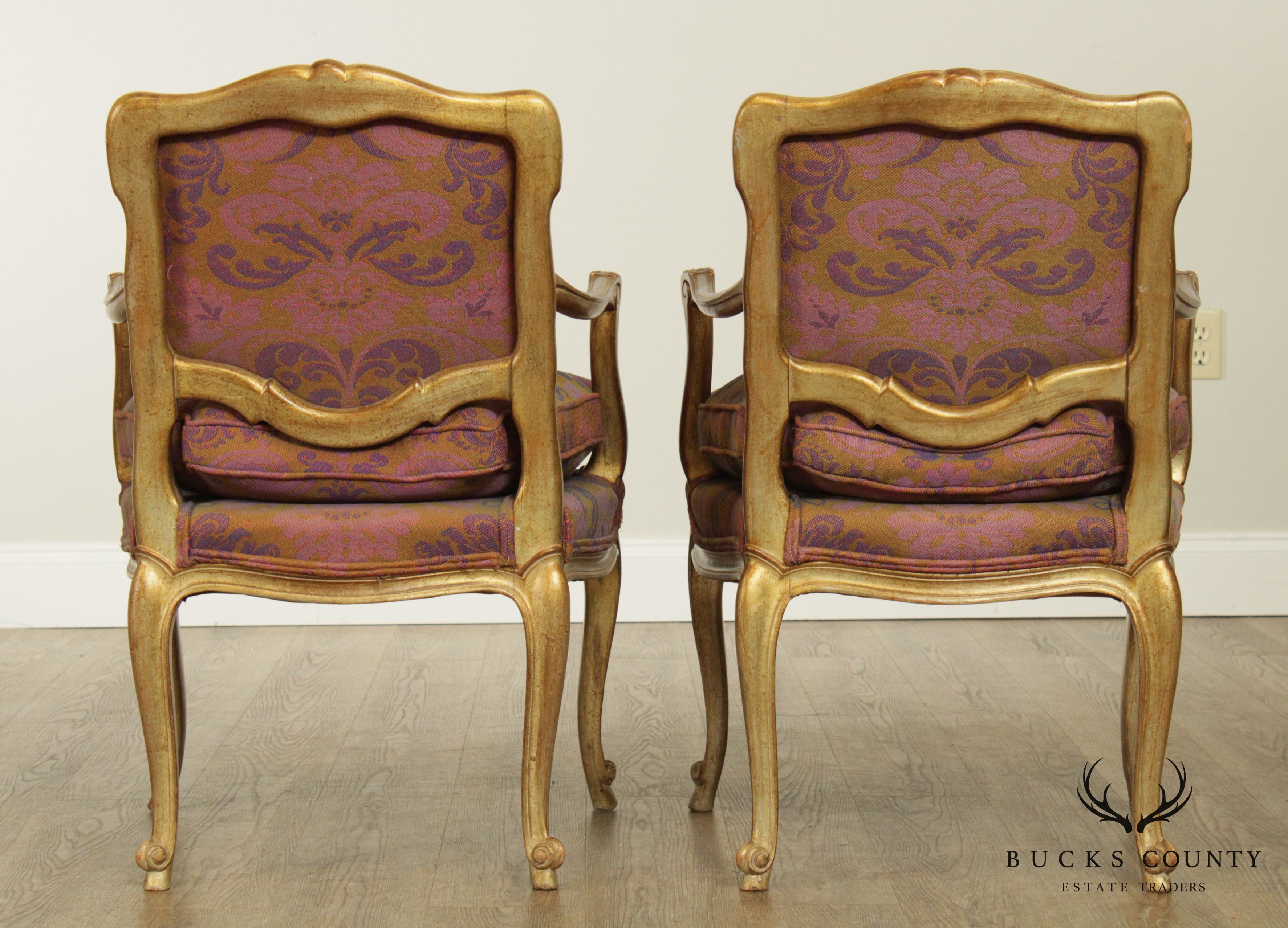 Hollywood Regency French Louis XV Style Vintage Gilt Wood Frame Pair Fauteuil Armchairs