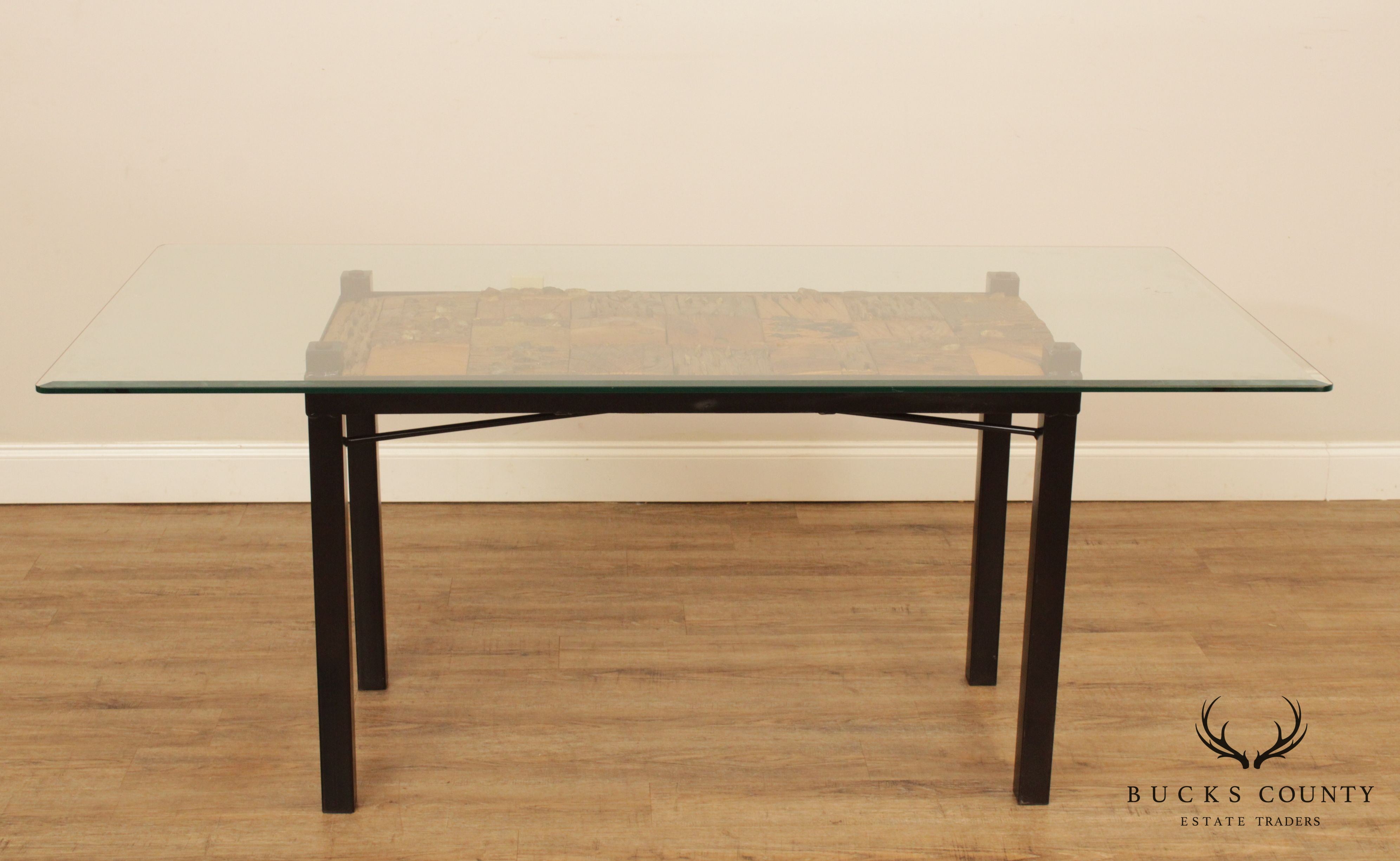 Quality Artisan Modular Driftwood, Iron Base, Glass Top Dining Table