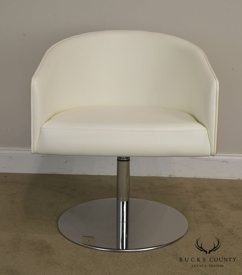 White Leather & Zebra Wood Barrel Back Chrome Pedestal Swivel Lounge Chair