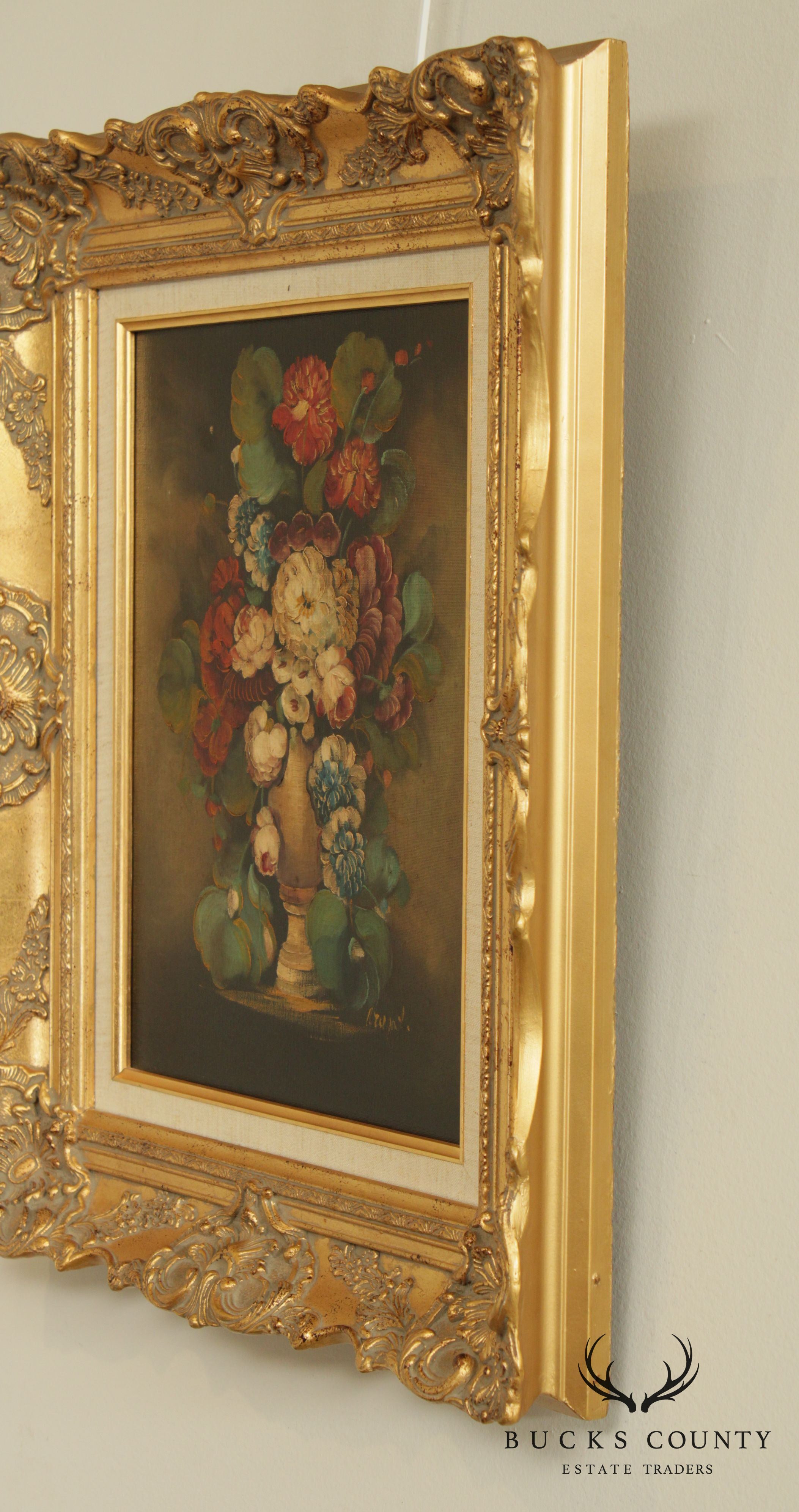 Artist Signed Gilt Frame Oil Painting on Canvas Flowers in Vase