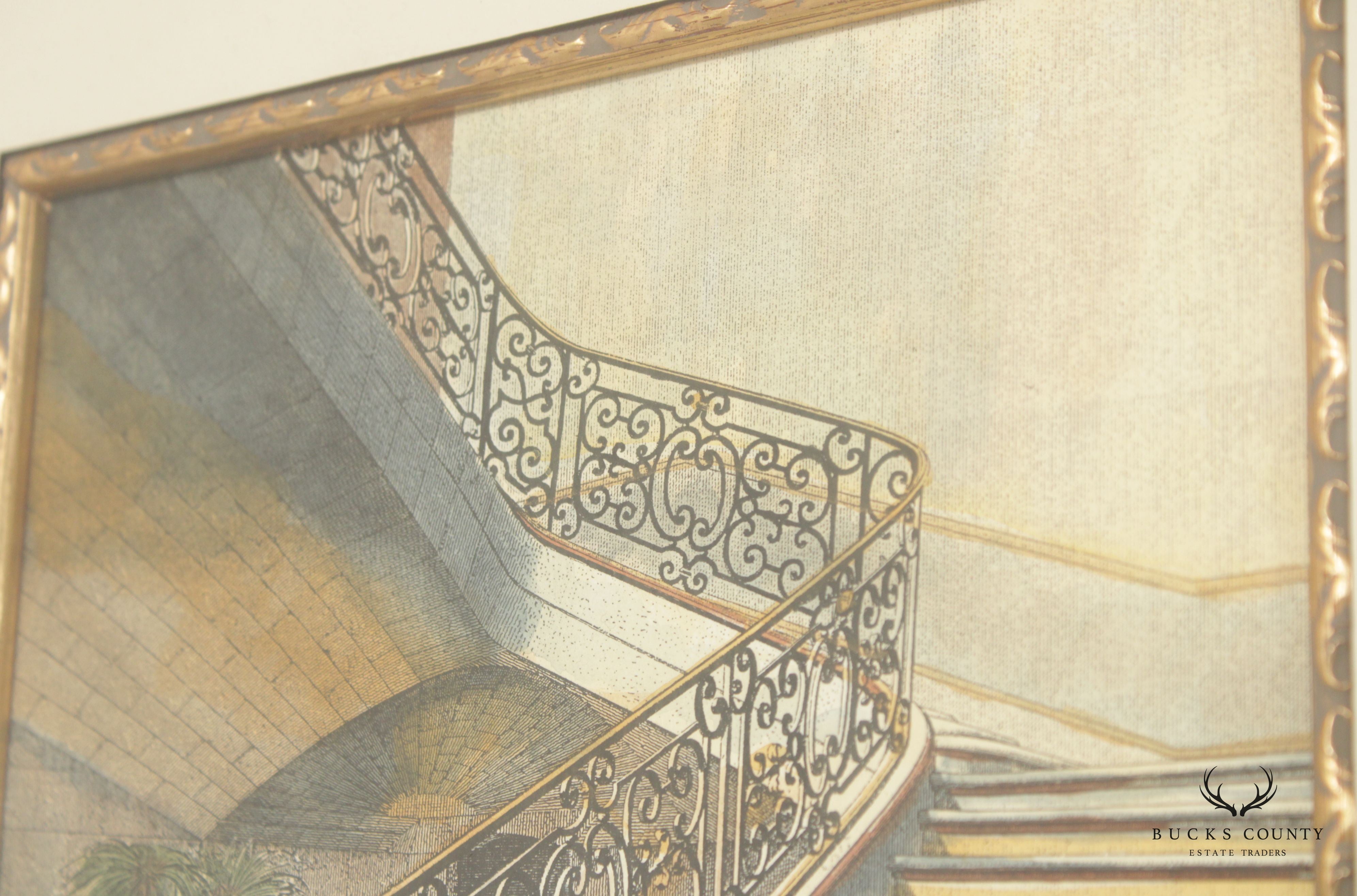 Art Nouveau Style Pair Architectural Staircase Prints, Custom Framed