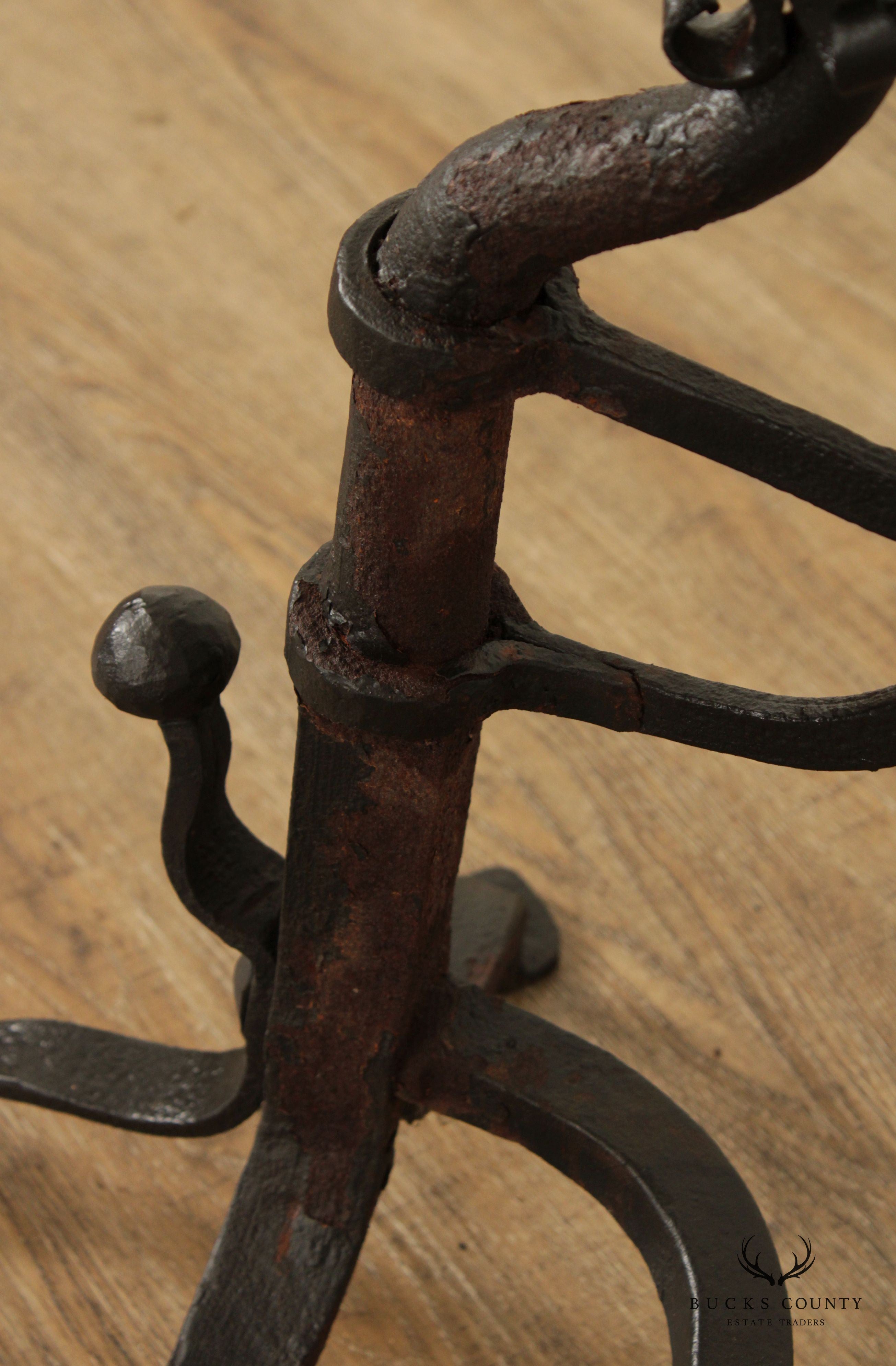 Antique 19th C. Pair Wrought Iron Cannonball Andirons