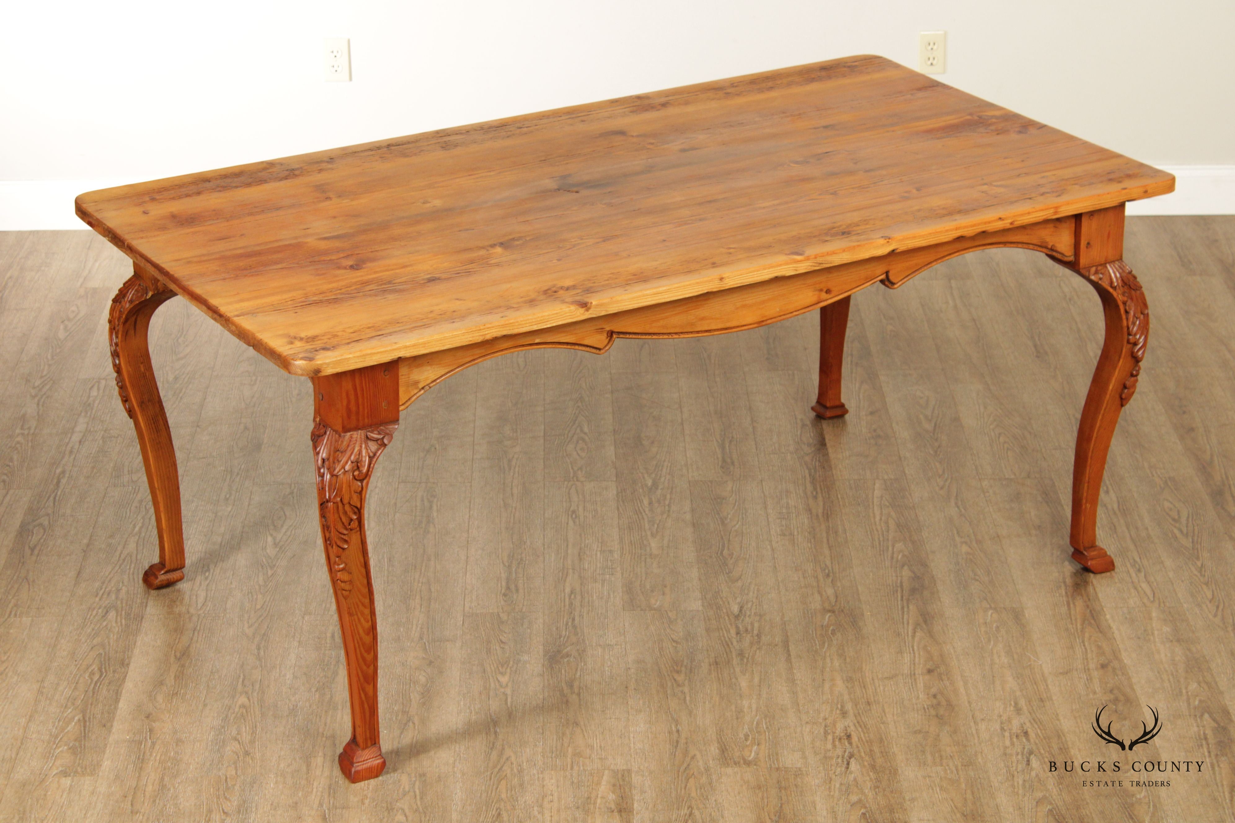 French Country Farmhouse Style Pine Carved Dining Table