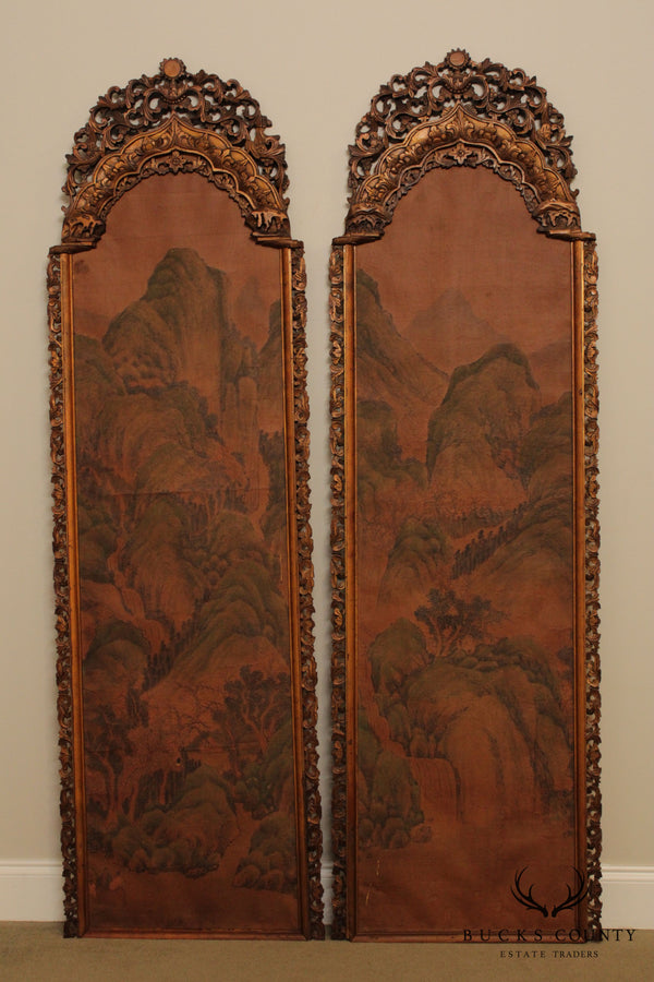 Antique Asian Pair Tall Carved Frame Paintings