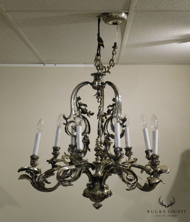 Ten Light Baroque Chandelier Antiqued Silver-Metal Foliate Design