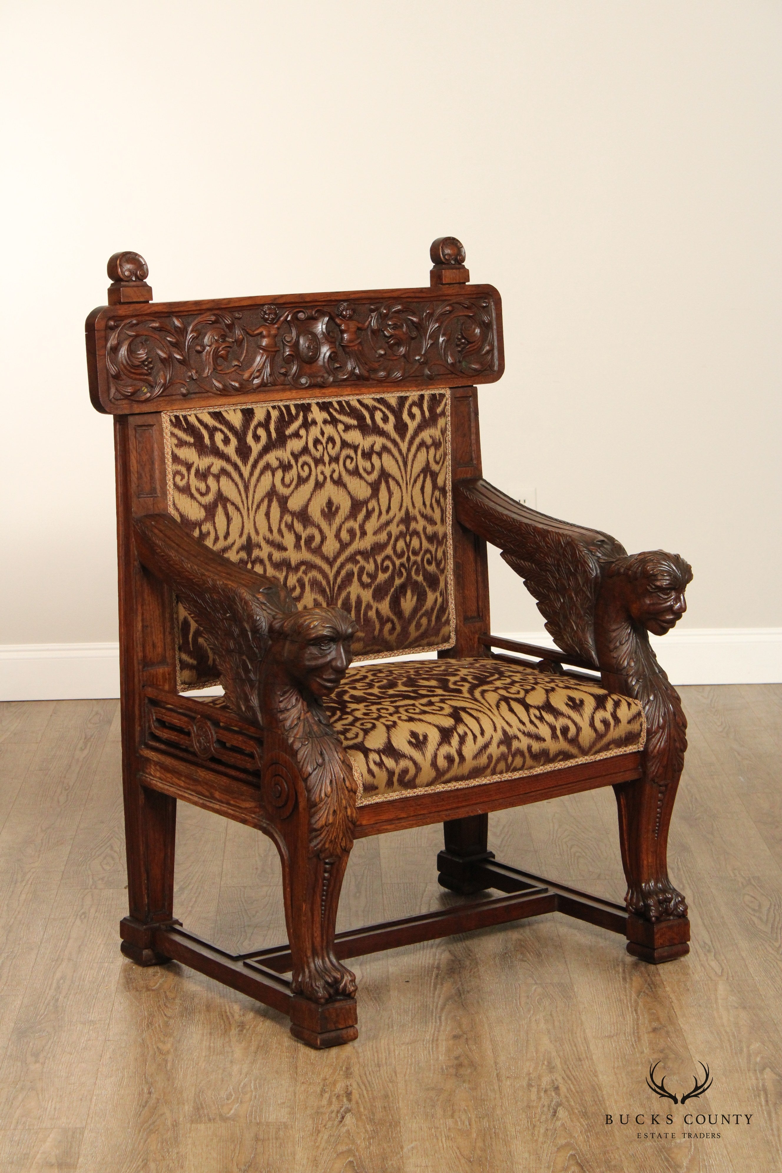 Antique Italian Renaissance Style Pair of Carved Oak Armchairs