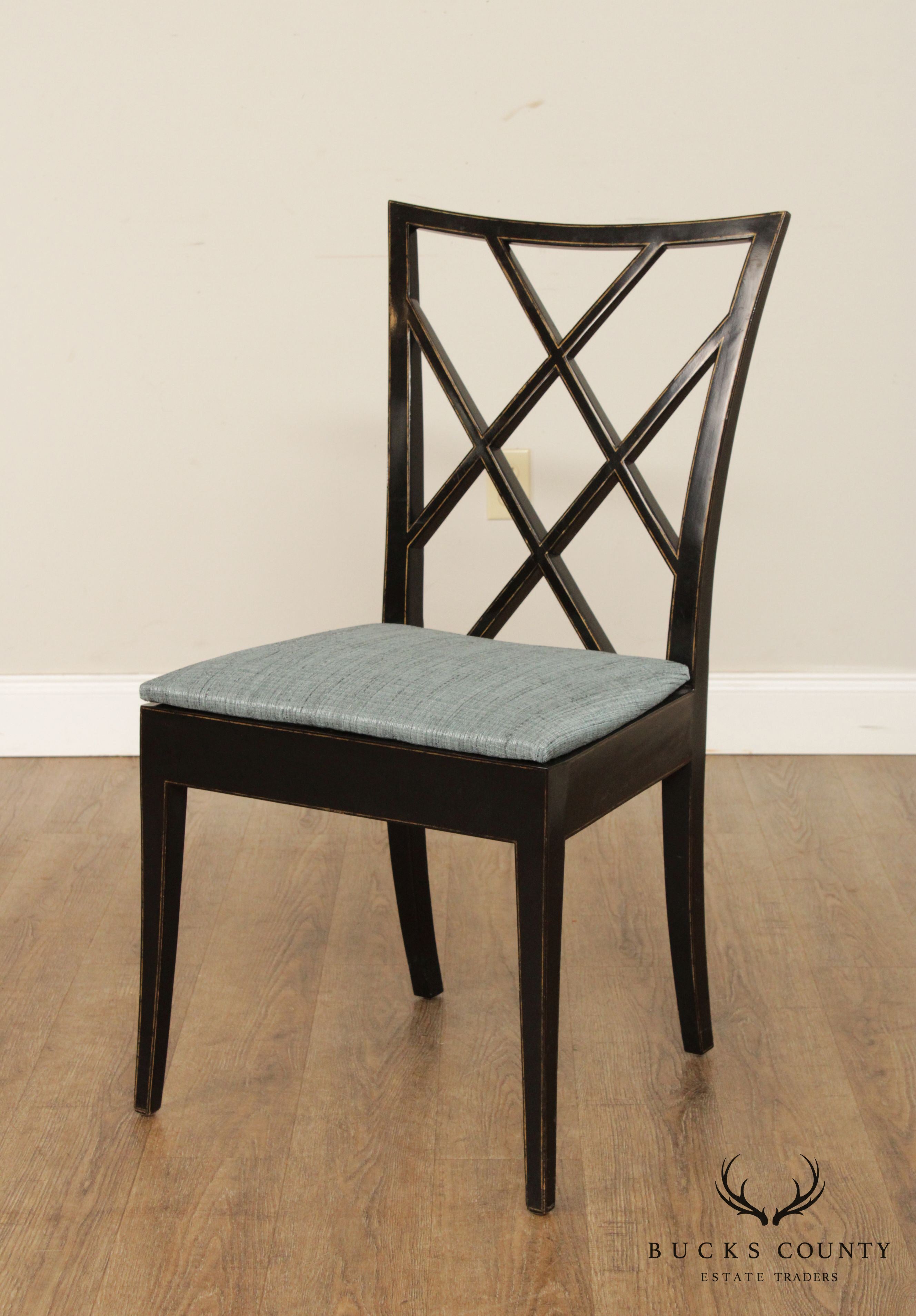 Chinese Chippendale Style Vintage Set 4 Ebonized Dining Chairs