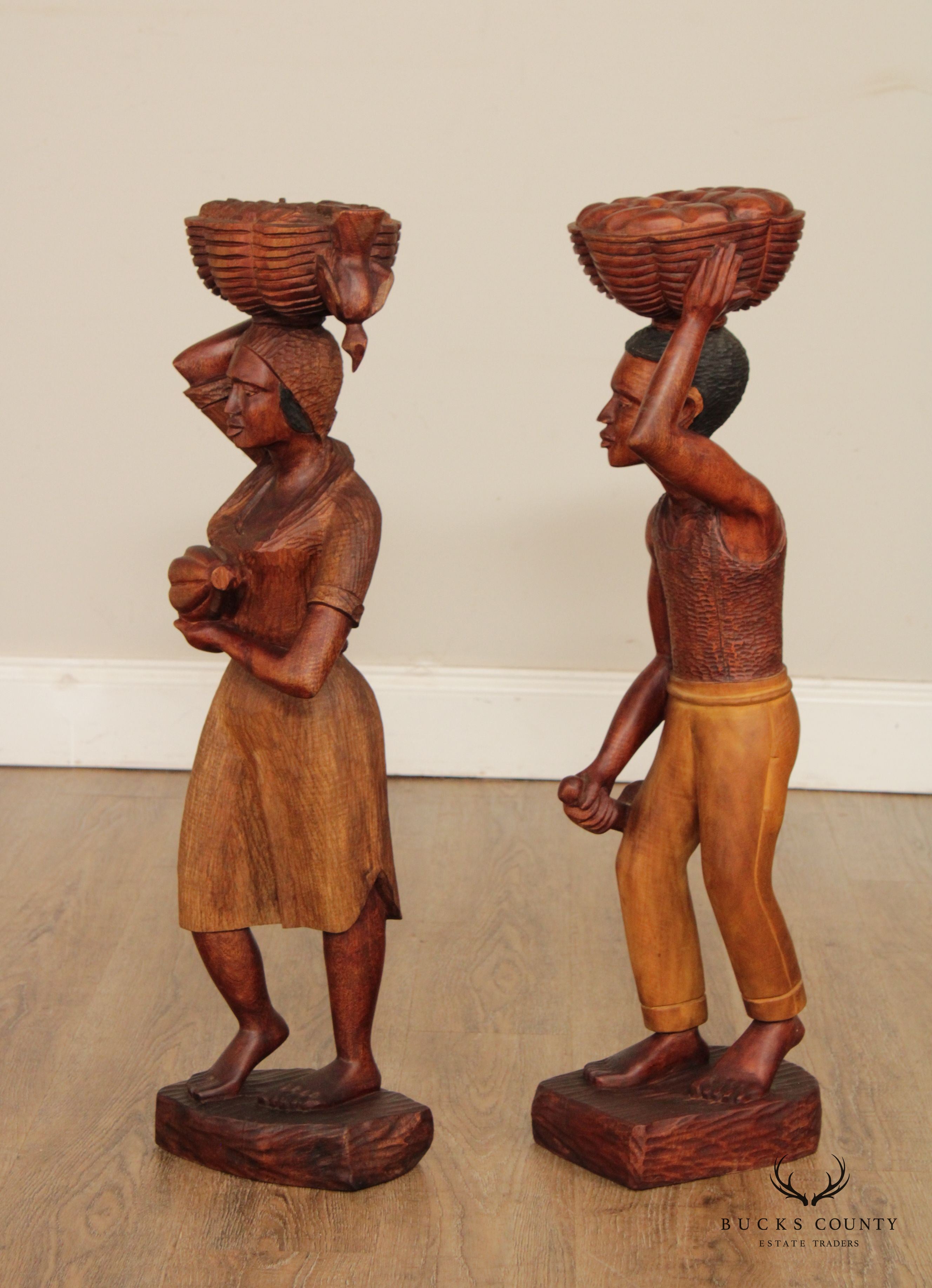 Vintage Pair Haitian Carved Wood Figural Statues, Signed