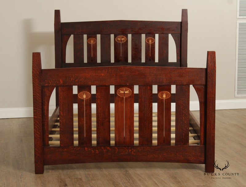 Mission Style Custom Crafted Inlaid Oak Queen Bed After Harvey Ellis
