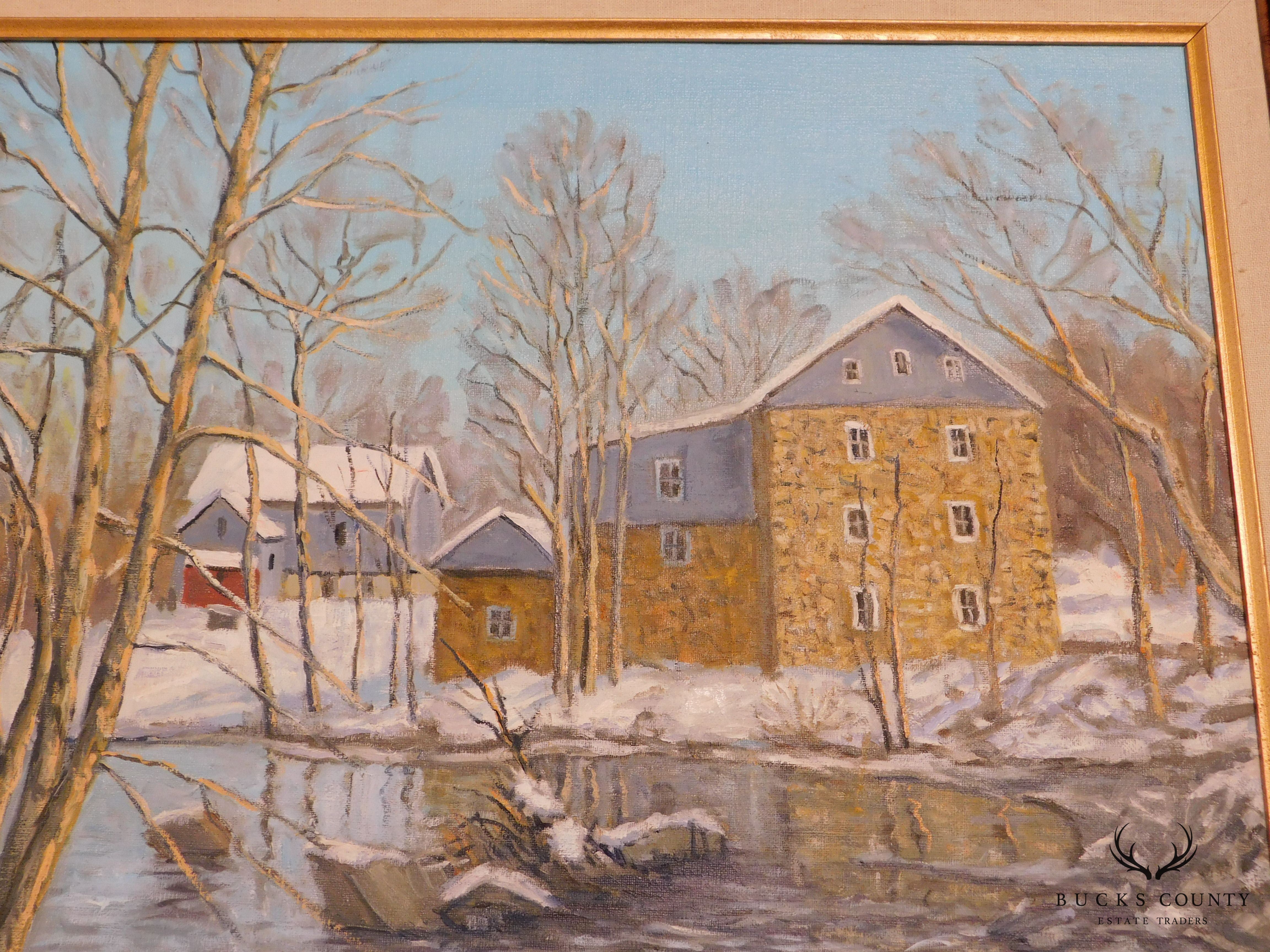 Mildred S. Gehman "Clymer's Mill" Thatcher P.A., Winter Snowy Stream Oil Painting