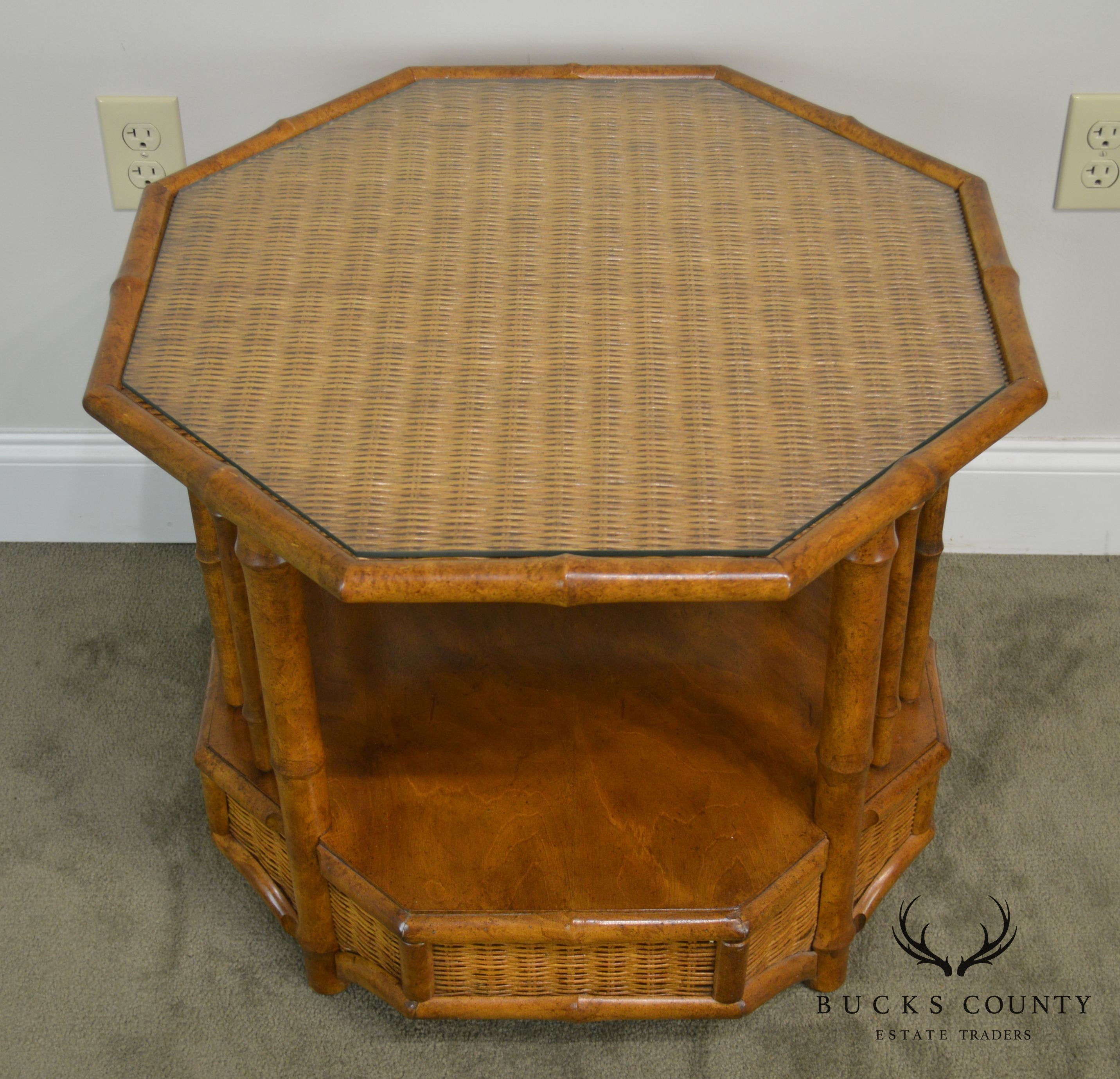 Faux Bamboo Octagon Wicker Top Side Table