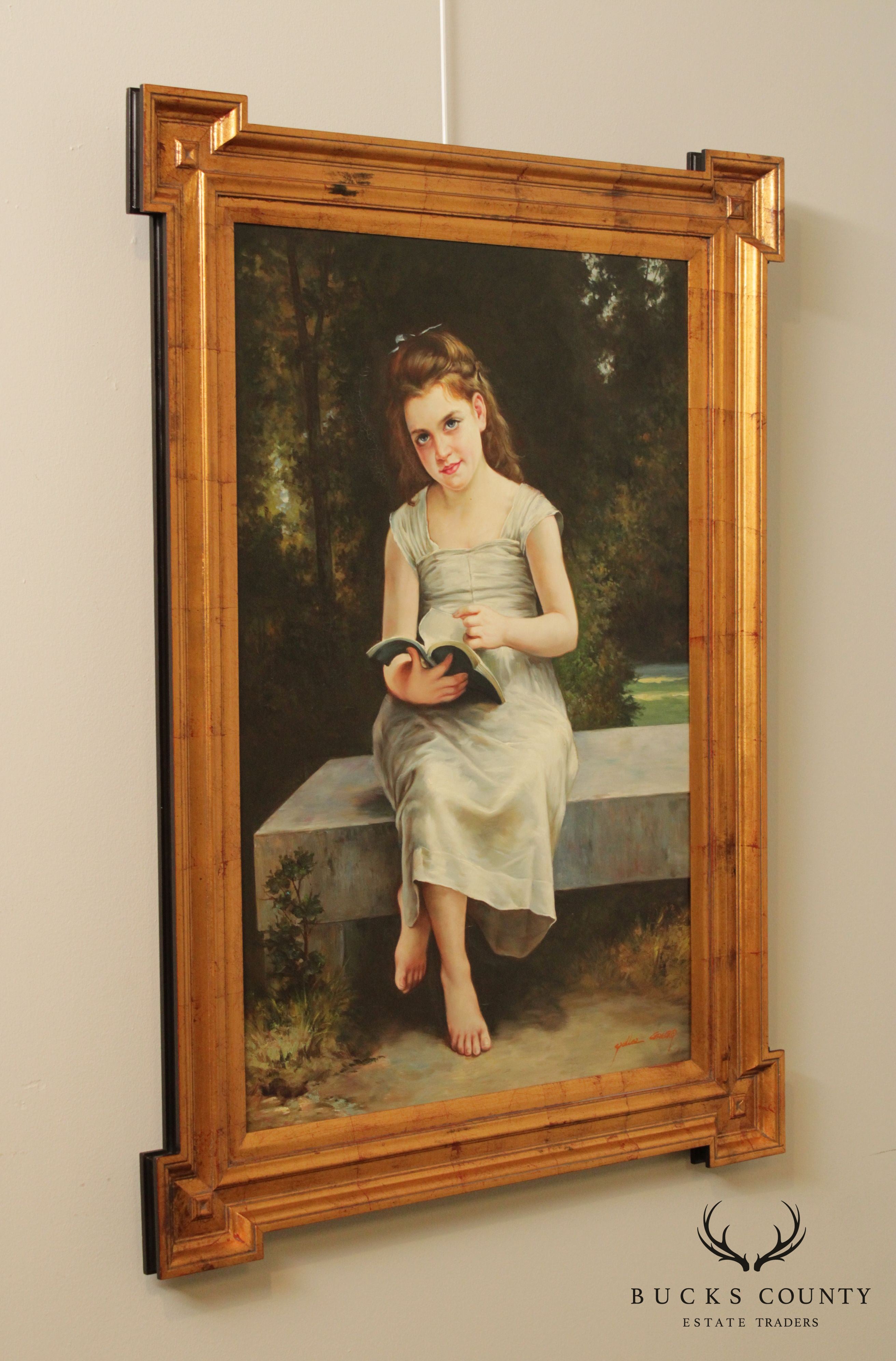 Victorian Style Framed Oil Painting of Young Girl Reading Book