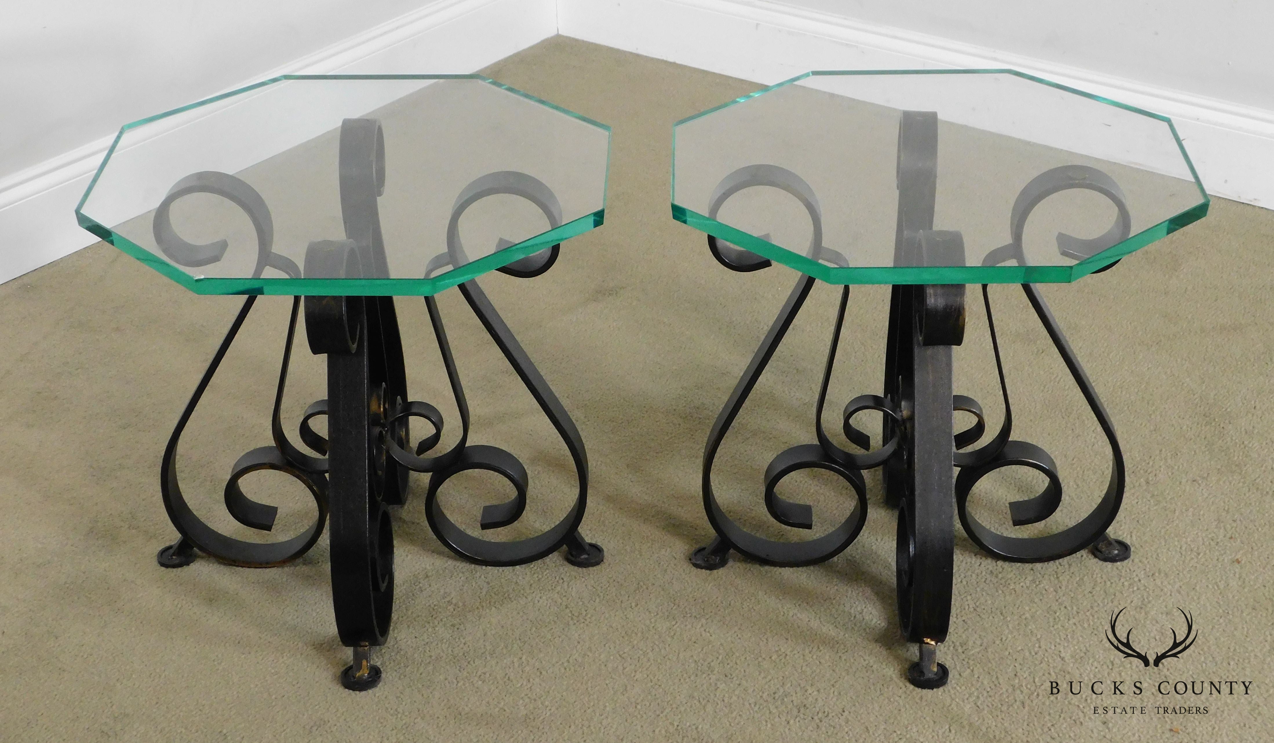 Quality Mid Century Pair Scrolled Wrought Iron Octagon Glass Top Side Tables